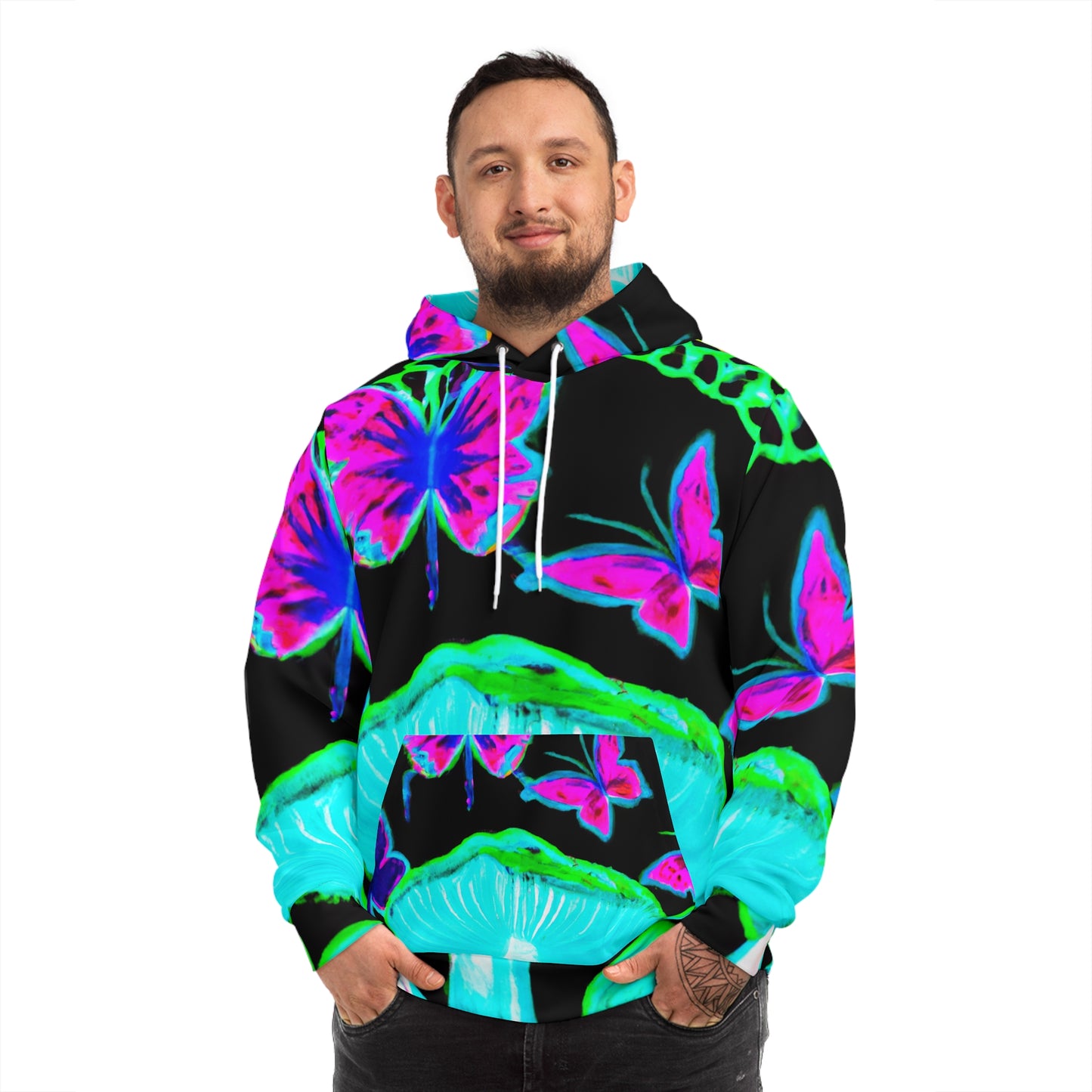 "Neon Twilight Enchantment" - Butterflies & Mushrooms AOP Hoodie