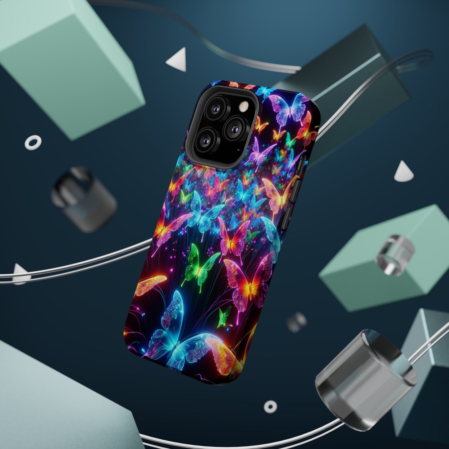 "Neon Flutterburst" Neon Butterflies Premium Art Magsafe Magnet Tough IPhone 13 14 15 Pro Plus Max and Mini in Matte and Glossy Phone cases
