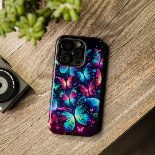 "Illuminated Neon Flutter" Neon Butterflies Premium Art Magsafe Magnet Tough IPhone 13 14 15 Pro Plus Max and Mini in Matte and Glossy Phone cases