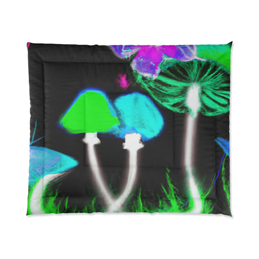 "Vibrant Neon Fantasy". Butterflies & Mushrooms Comforter Blanket