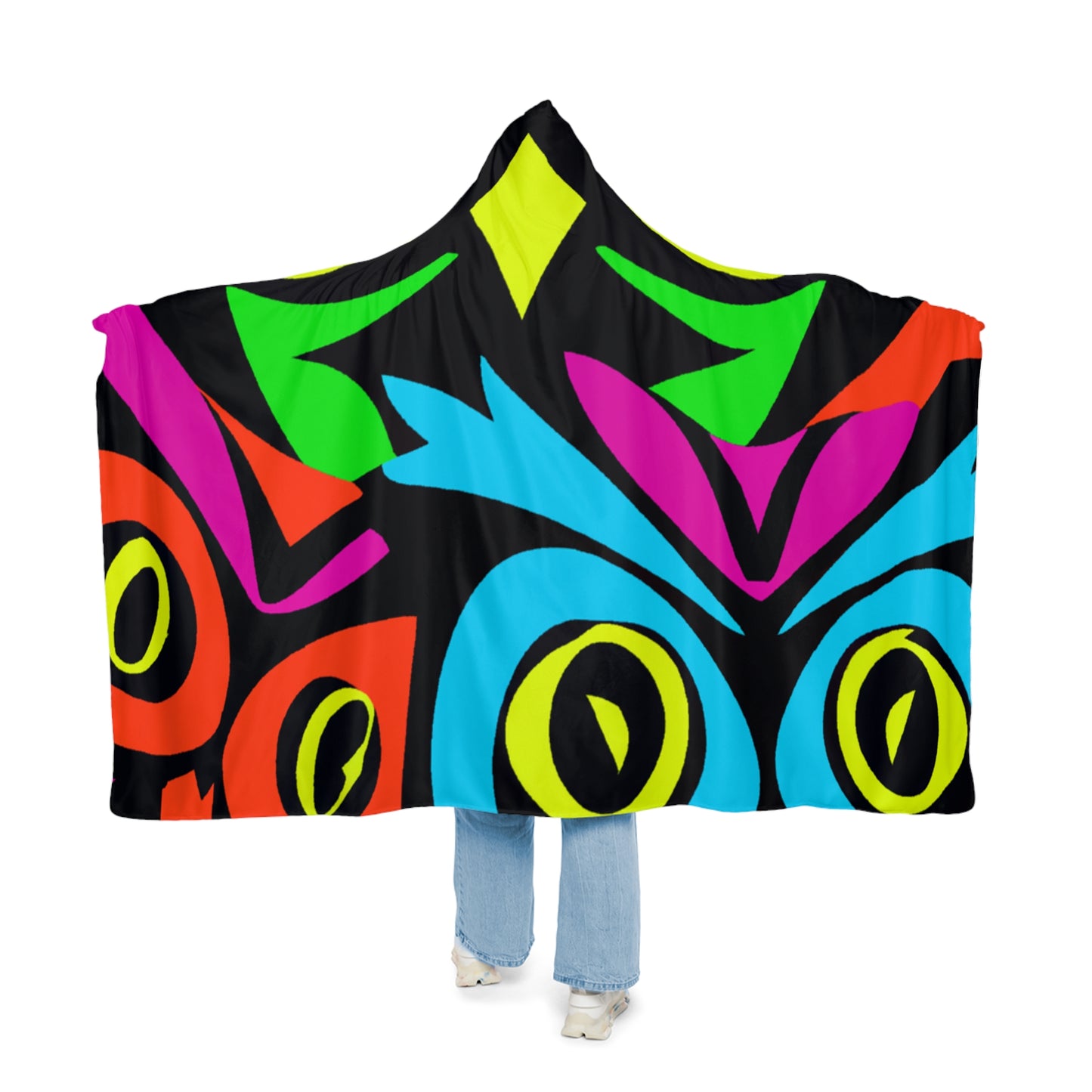 "Midnight Rainbow Illumination" - NEON Owls Art Hooded Snuggle Blanket