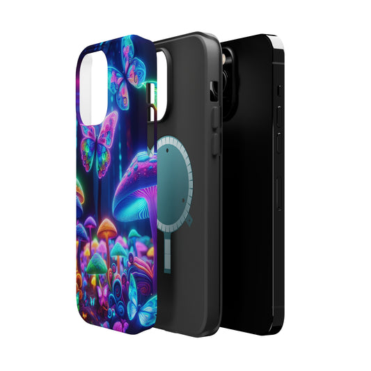 Neon Ecstasy. Neon Butterflies and Mushrooms Premium Art Magsafe Magnet Tough IPhone 13 14 15 Pro Plus Max and Mini in Matte and Glossy Phone cases