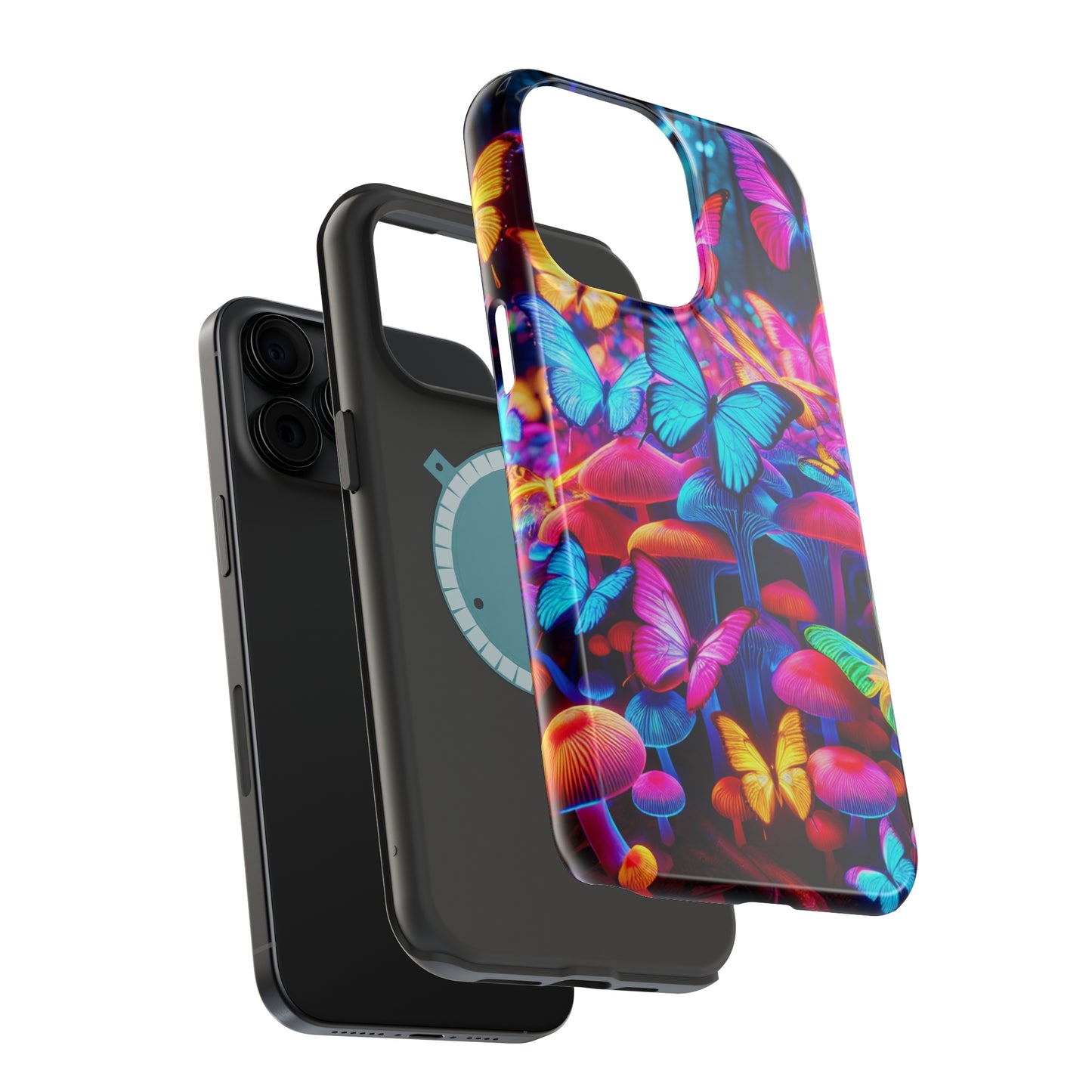 "Neon Tie-Dye Garden" Neon Butterflies and Mushrooms Premium Art Magsafe Magnet Tough IPhone 13 14 15 Pro Plus Max and Mini in Matte and Glossy Phone cases