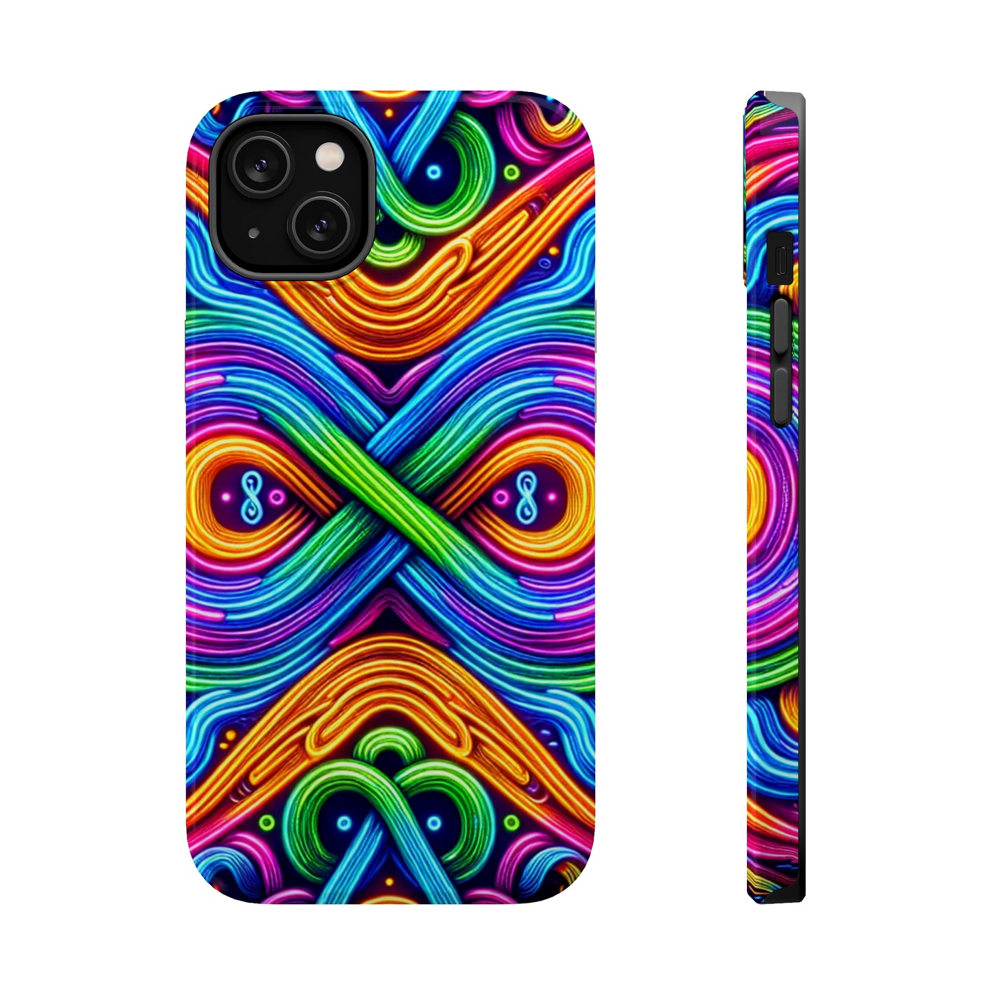 Cosmic Neon Infinity Spectacular. Neon Trippy Infinity Patterns Premium Art Magsafe Magnet Tough IPhone 13 14 15 Pro Plus Max and Mini in Matte and Glossy Phone cases