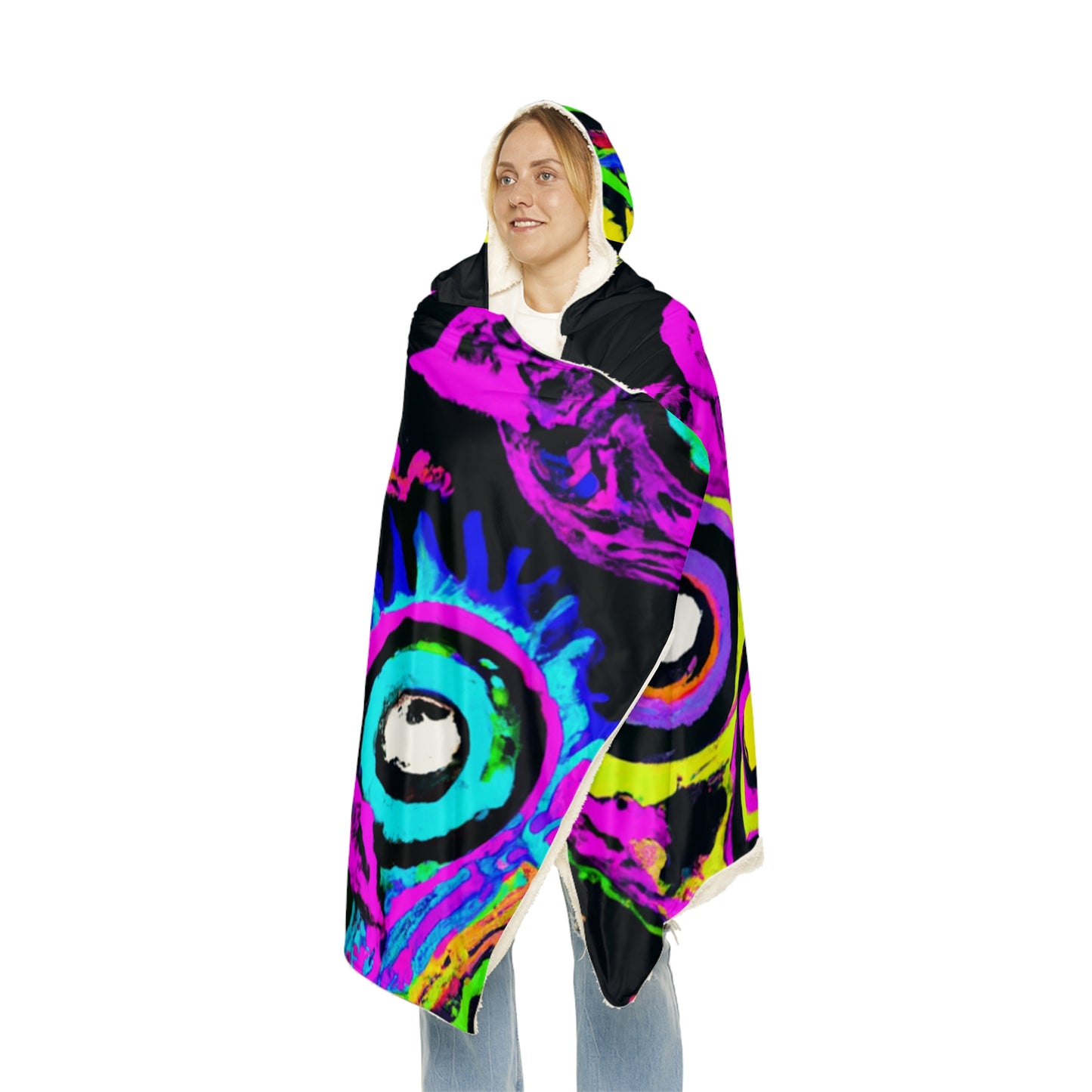 "Neon Night Owls" - NEON Owls Art Hooded Snuggle Blanket