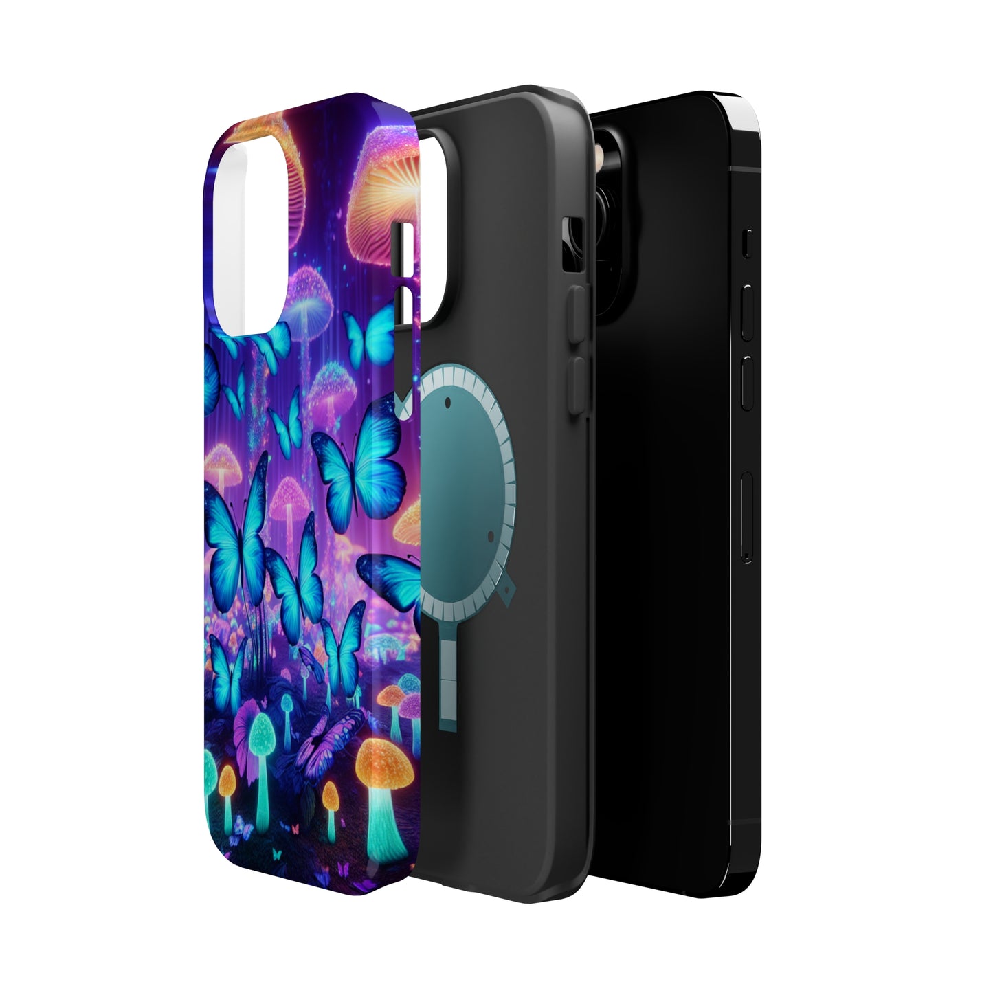Neon Delight Landscape Neon Butterflies and Mushrooms Premium Art Magsafe Magnet Tough IPhone 13 14 15 Pro Plus Max and Mini in Matte and Glossy Phone cases