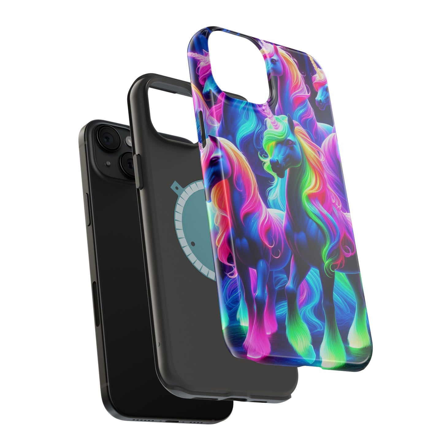 Neon Magic Skies - Unicorn Gang. Neon Unicorns Premium Art Magsafe Magnet Tough IPhone 13 14 15 Pro Plus Max and Mini in Matte and Glossy Phone cases
