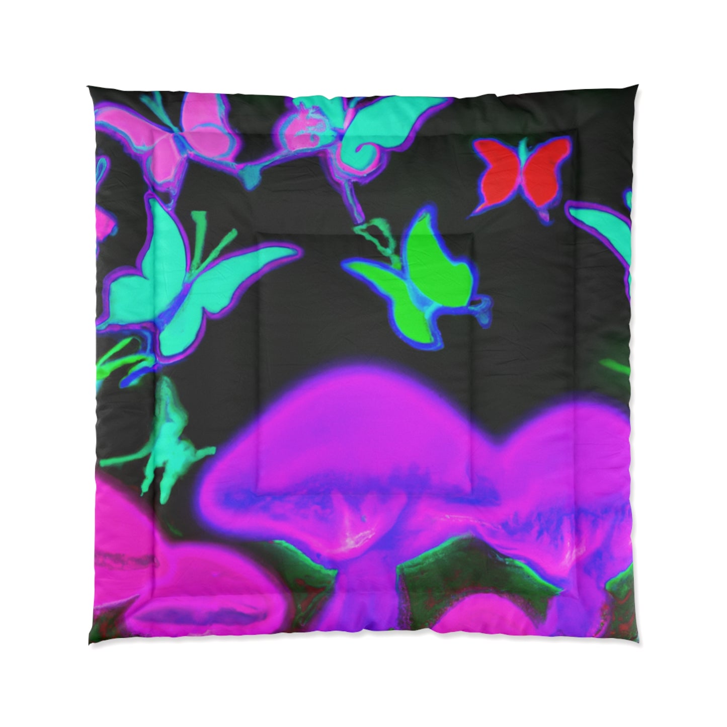 Neon Prismatic Splendor. Butterflies & Mushrooms Comforter Blanket