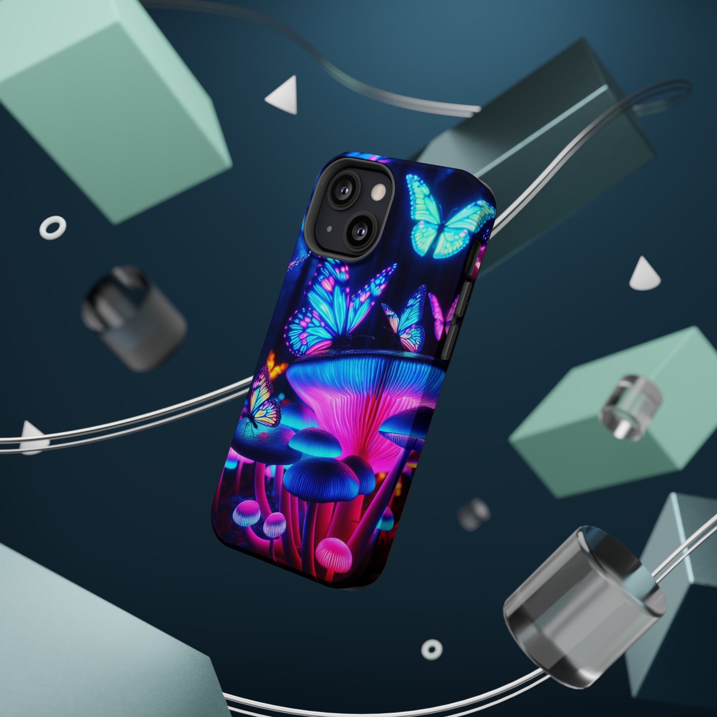 Neon Fantasy Garden Neon Butterflies and Mushrooms Premium Art Magsafe Magnet Tough IPhone 13 14 15 Pro Plus Max and Mini in Matte and Glossy Phone cases
