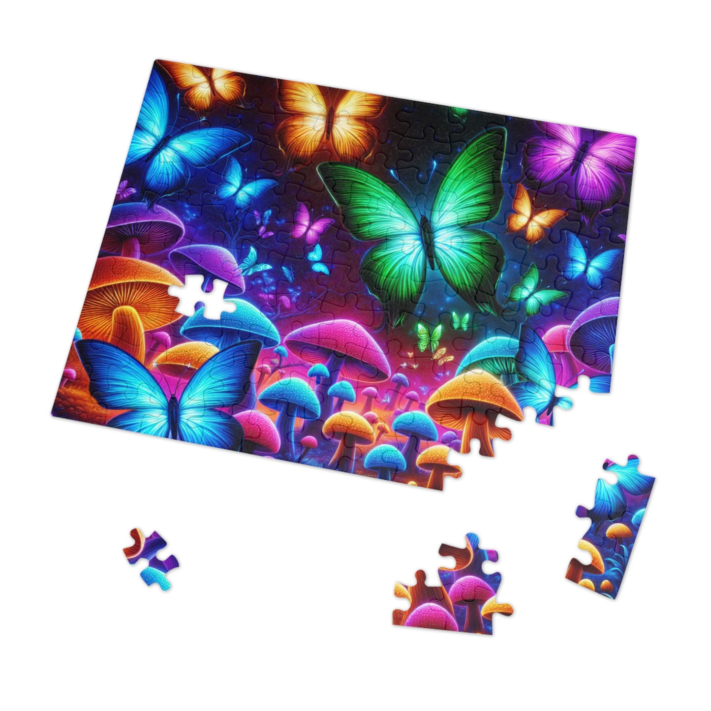 Neon Splurge. - Neon Butterflies and Mushrooms Puzzle 30, 110, 252, and 1000 Pieces