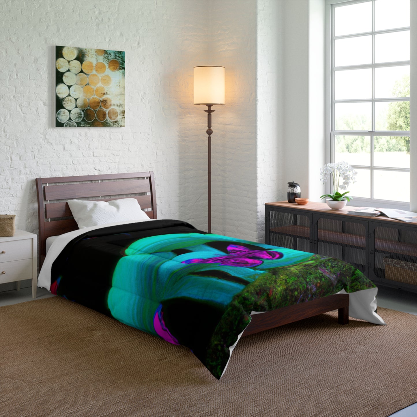 Neon Nature Dreamscape. Butterflies & Mushrooms Comforter Blanket