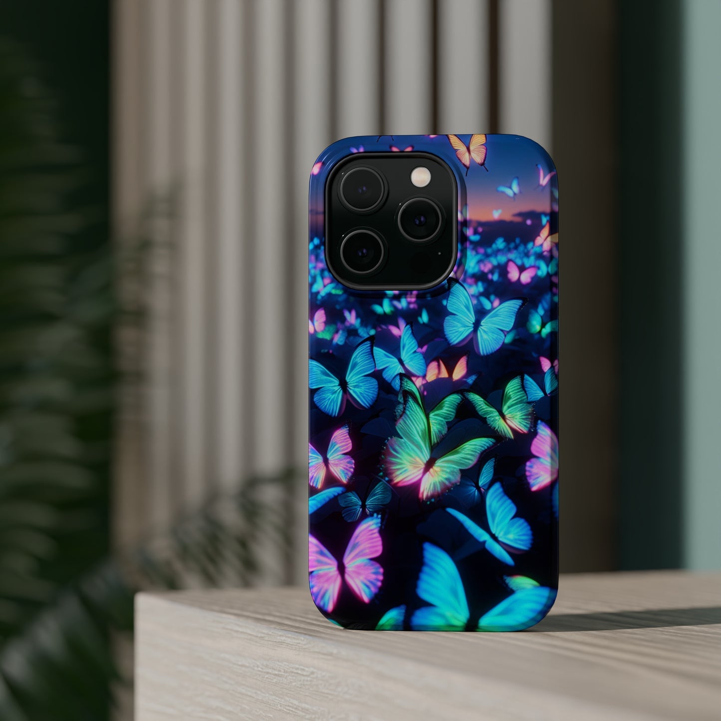 "Fantasia of Neon Butterflies" Neon Butterflies Premium Art Magsafe Magnet Tough IPhone 13 14 15 Pro Plus Max and Mini in Matte and Glossy Phone cases