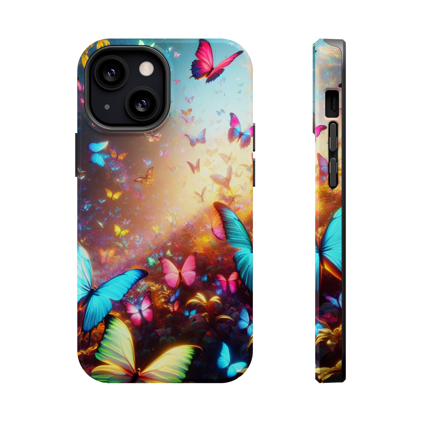 "Neon Butterfly Blooms" Neon Butterflies Premium Art Magsafe Magnet Tough IPhone 13 14 15 Pro Plus Max and Mini in Matte and Glossy Phone cases