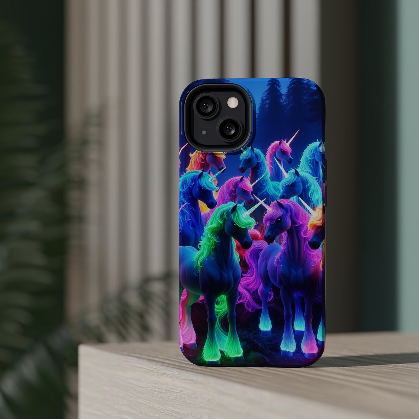"Neon Fantasyland" Neon Unicorns Premium Art Magsafe Magnet Tough IPhone 13 14 15 Pro Plus Max and Mini in Matte and Glossy Phone cases