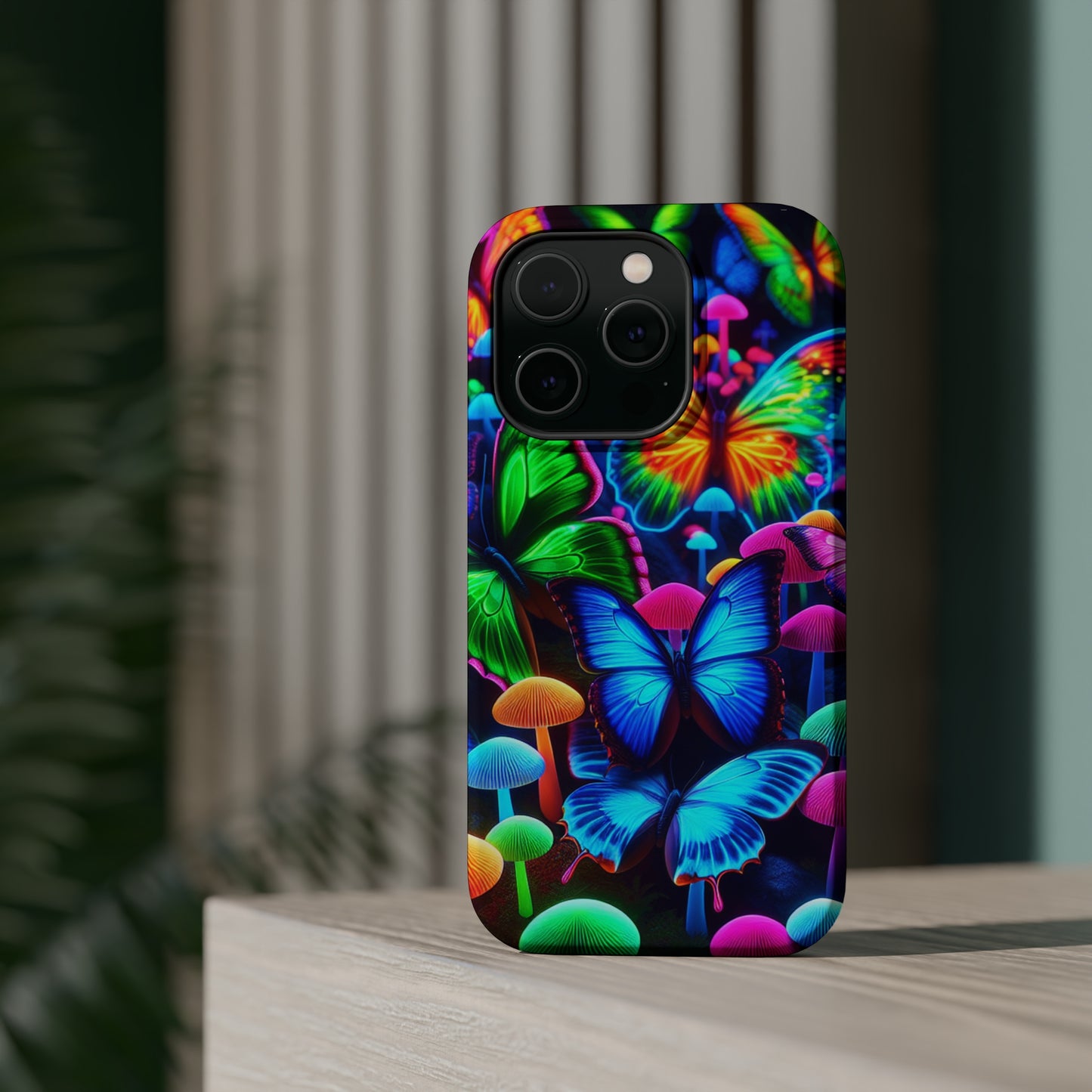 "Fantastic Fruition" Neon Butterflies and Mushrooms Premium Art Magsafe Magnet Tough IPhone 13 14 15 Pro Plus Max and Mini in Matte and Glossy Phone cases