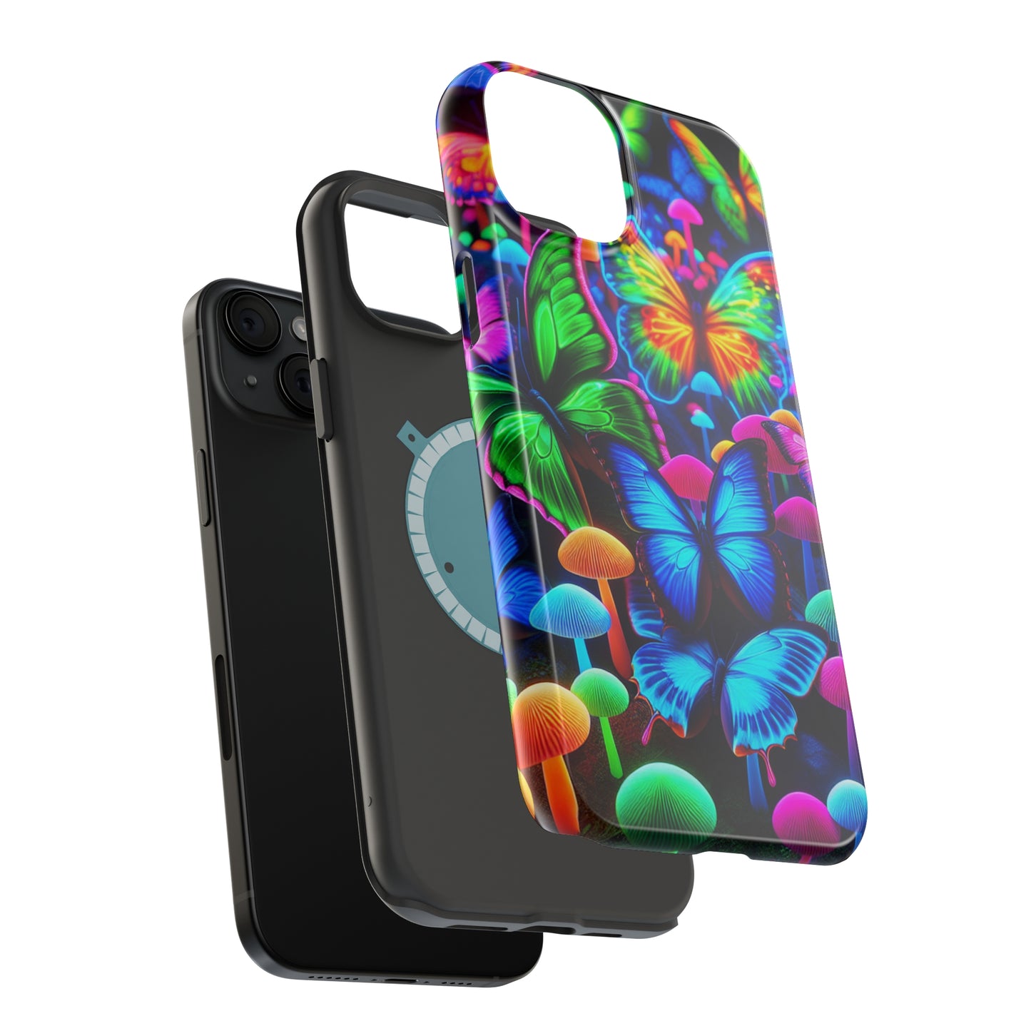 "Fantastic Fruition" Neon Butterflies and Mushrooms Premium Art Magsafe Magnet Tough IPhone 13 14 15 Pro Plus Max and Mini in Matte and Glossy Phone cases
