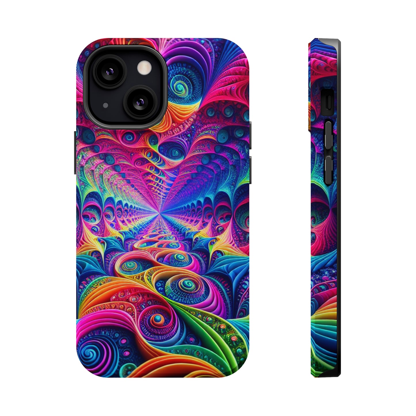 Cosmic Electric Rainbow Frenzy. Neon Trippy Infinity Patterns Premium Art Magsafe Magnet Tough IPhone 13 14 15 Pro Plus Max and Mini in Matte and Glossy Phone cases
