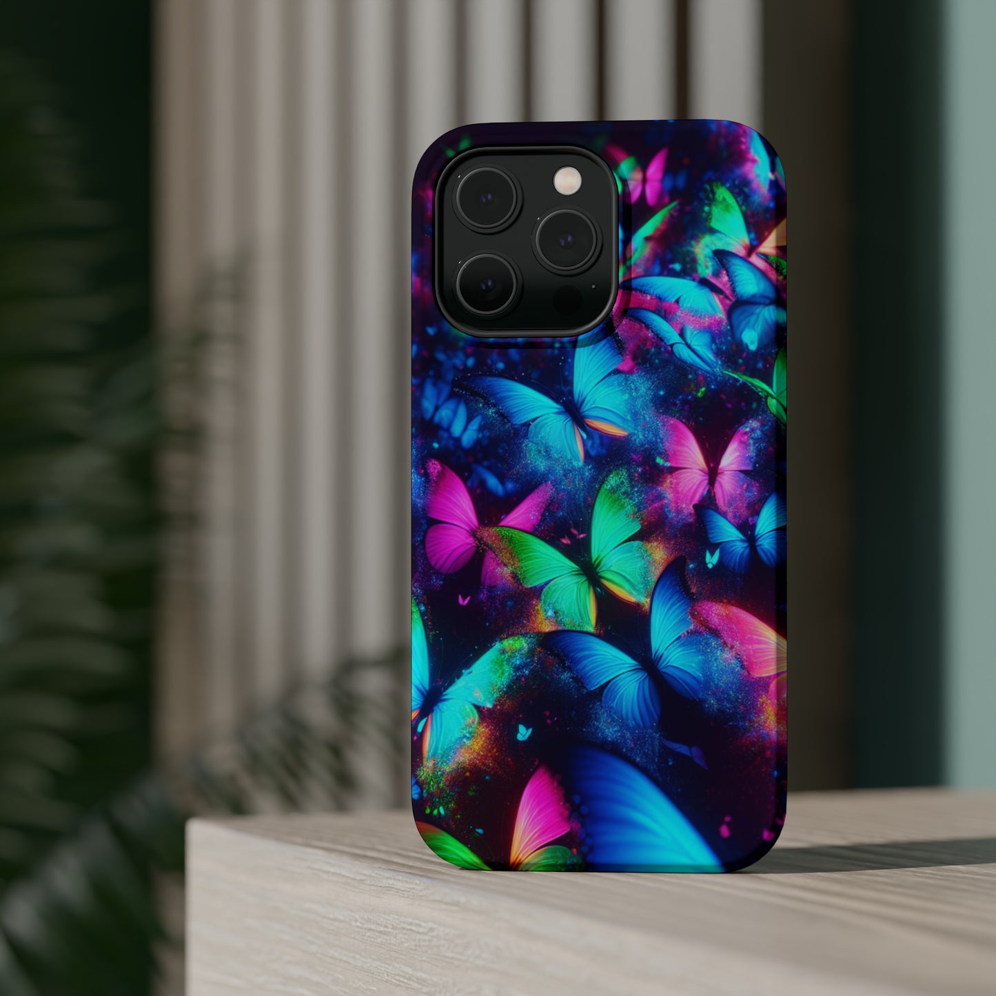 "Neon Flutterglow" Neon Butterflies Premium Art Magsafe Magnet Tough IPhone 13 14 15 Pro Plus Max and Mini in Matte and Glossy Phone cases