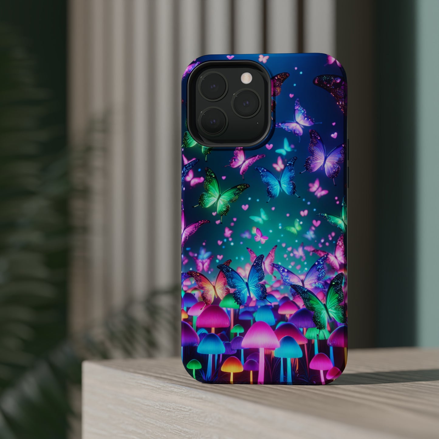 Neon Eden. Neon Butterflies and Mushrooms Premium Art Magsafe Magnet Tough IPhone 13 14 15 Pro Plus Max and Mini in Matte and Glossy Phone cases