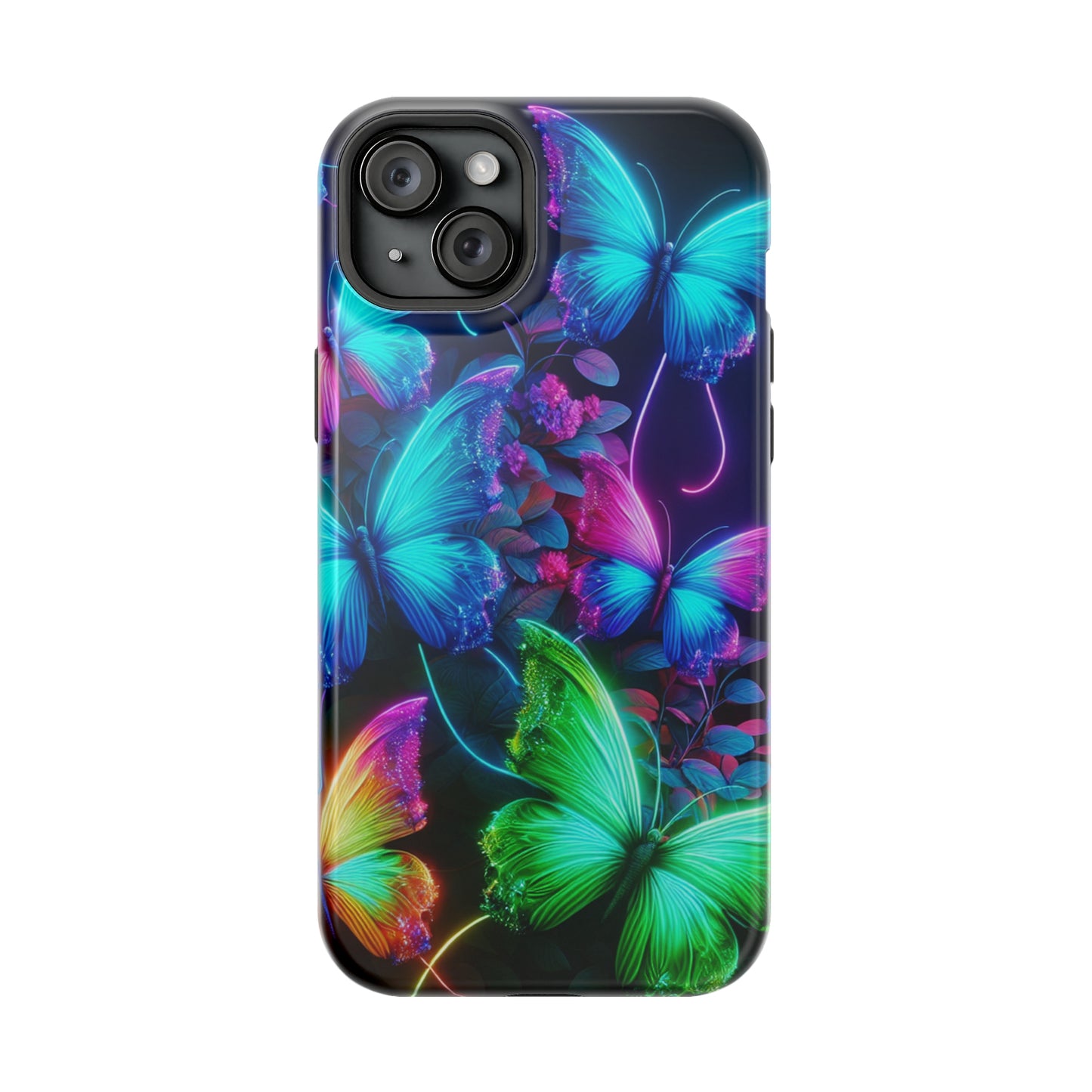 Neon Flutter Symphony Neon Butterflies Premium Art Magsafe Magnet Tough IPhone 13 14 15 Pro Plus Max and Mini in Matte and Glossy Phone cases