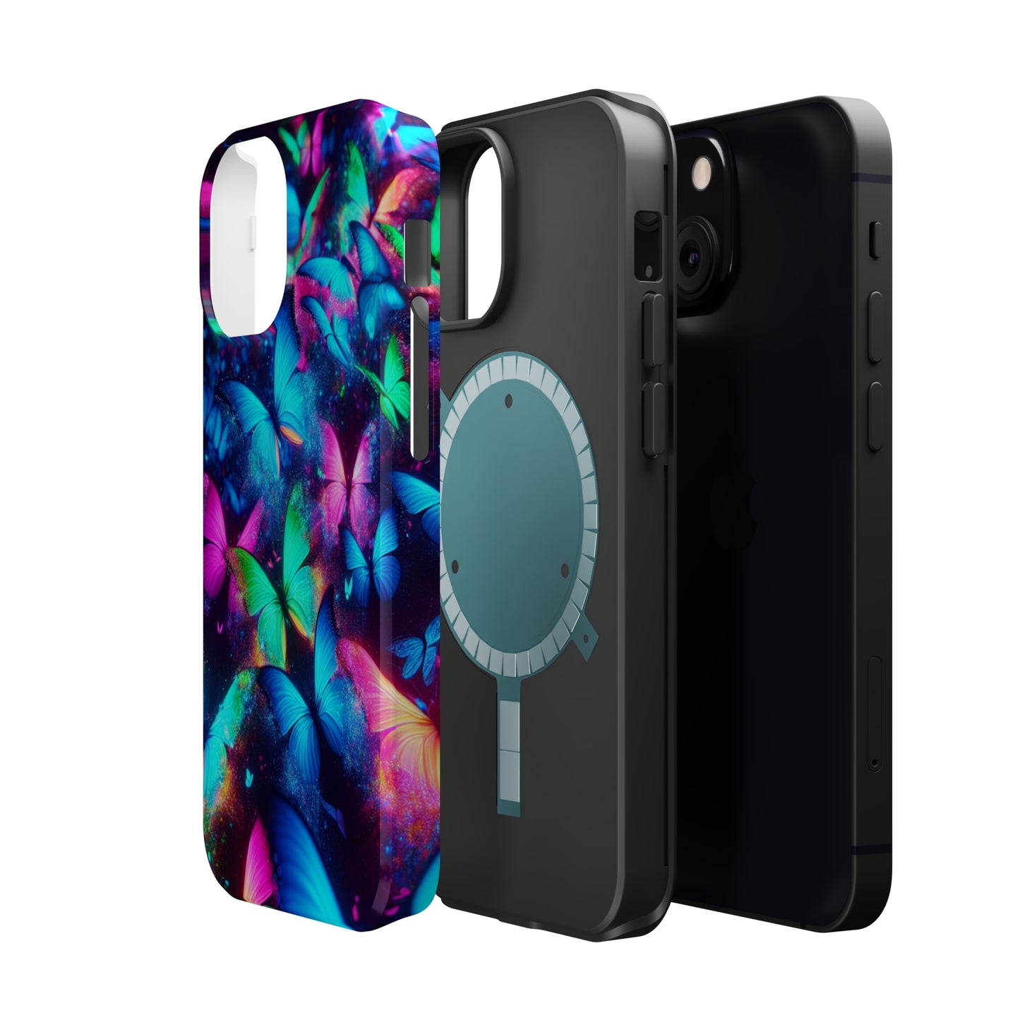 "Neon Flutterglow" Neon Butterflies Premium Art Magsafe Magnet Tough IPhone 13 14 15 Pro Plus Max and Mini in Matte and Glossy Phone cases