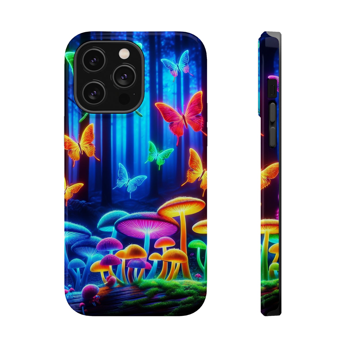 "Neon Garden Delight" Neon Butterflies and Mushrooms Premium Art Magsafe Magnet Tough IPhone 13 14 15 Pro Plus Max and Mini in Matte and Glossy Phone cases