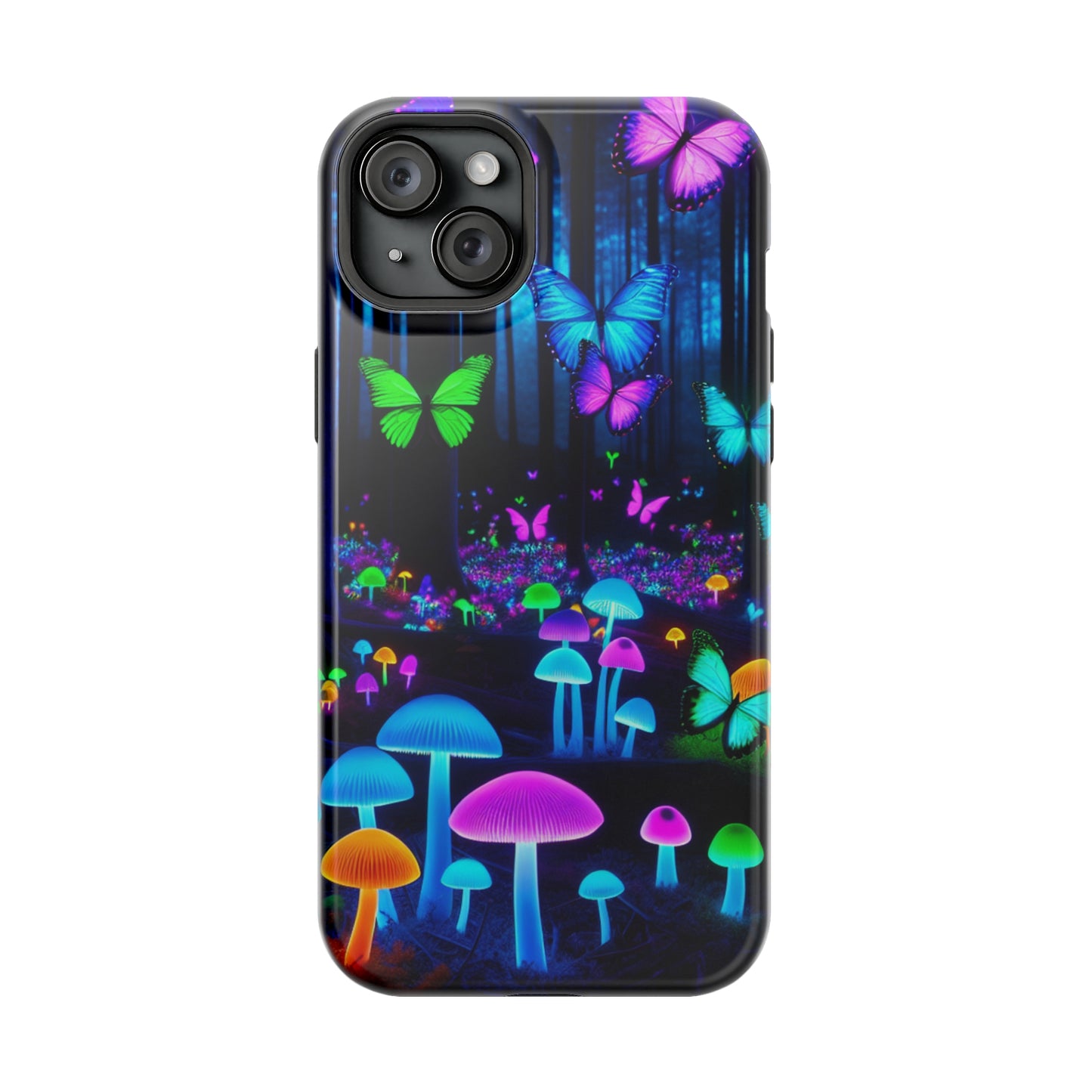 Neon Spectacle. Neon Butterflies and Mushrooms Premium Art Magsafe Magnet Tough IPhone 13 14 15 Pro Plus Max and Mini in Matte and Glossy Phone cases