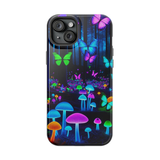 Neon Spectacle. Neon Butterflies and Mushrooms Premium Art Magsafe Magnet Tough IPhone 13 14 15 Pro Plus Max and Mini in Matte and Glossy Phone cases