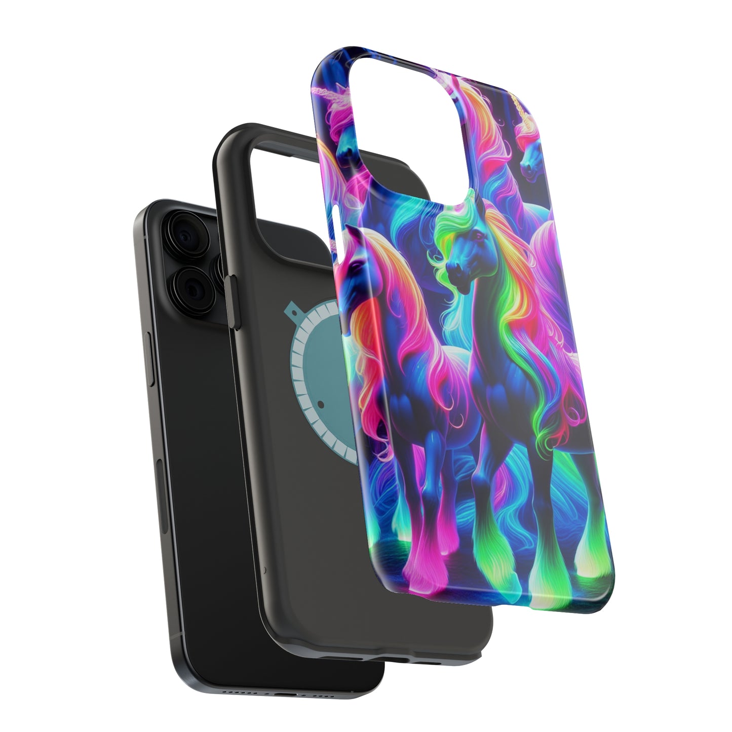 Neon Magic Skies - Unicorn Gang. Neon Unicorns Premium Art Magsafe Magnet Tough IPhone 13 14 15 Pro Plus Max and Mini in Matte and Glossy Phone cases