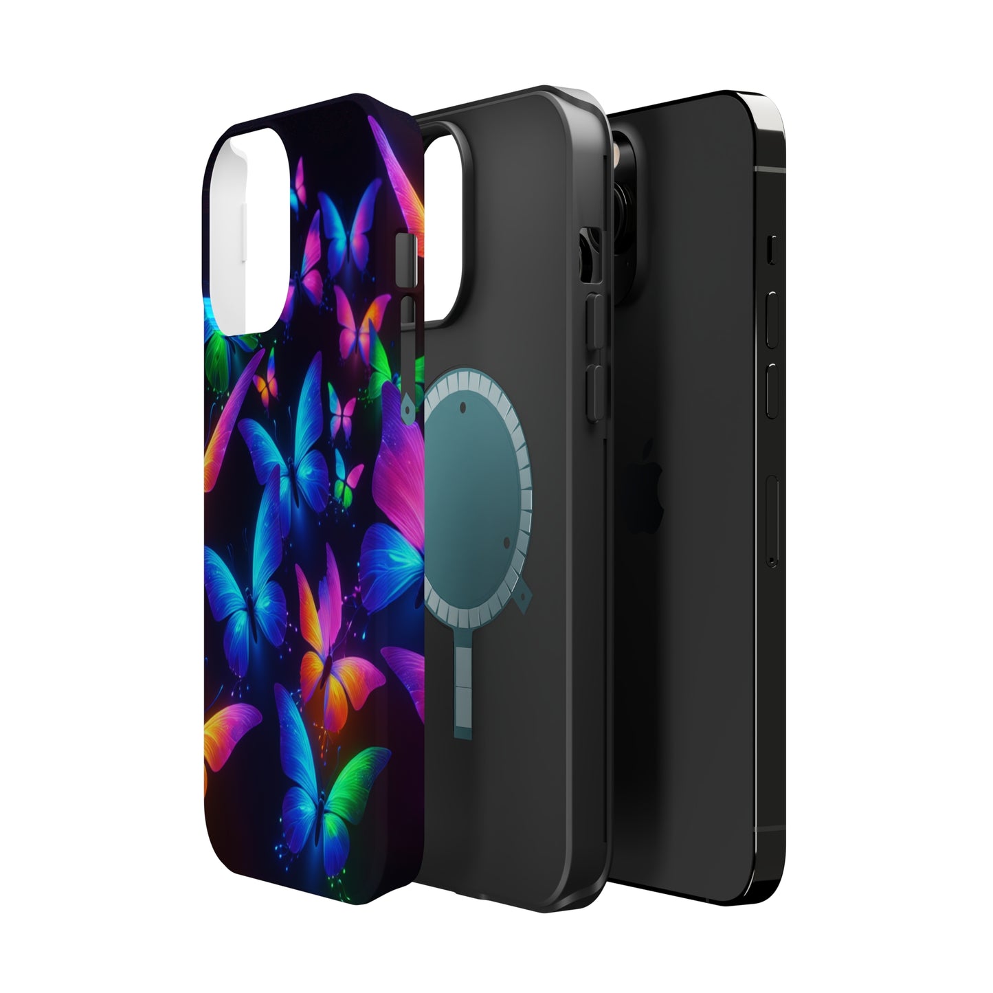"Vibrant Neon Flutter" Neon Butterflies Premium Art Magsafe Magnet Tough IPhone 13 14 15 Pro Plus Max and Mini in Matte and Glossy Phone cases