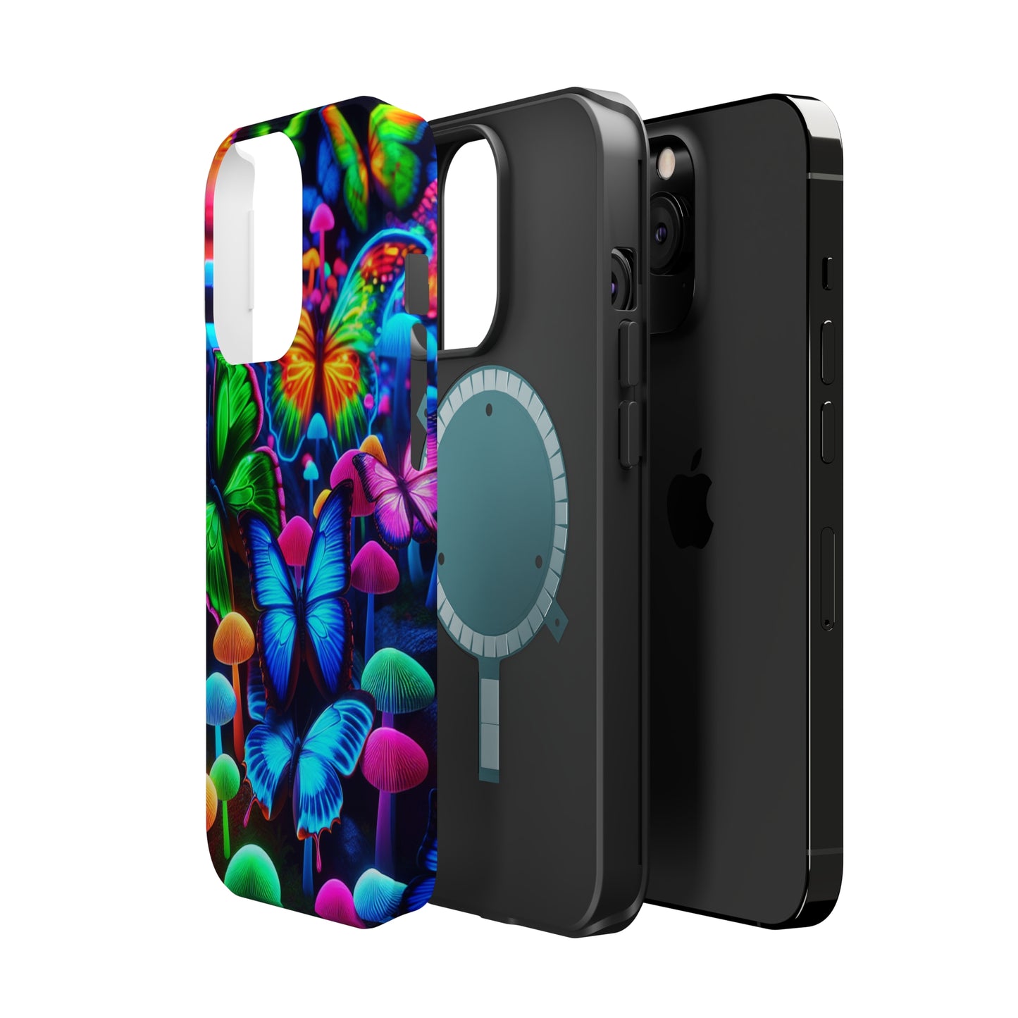 "Fantastic Fruition" Neon Butterflies and Mushrooms Premium Art Magsafe Magnet Tough IPhone 13 14 15 Pro Plus Max and Mini in Matte and Glossy Phone cases