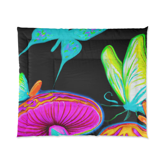 Neon Splendor of Butterflies and Fungi Butterflies & Mushrooms Comforter Blanket