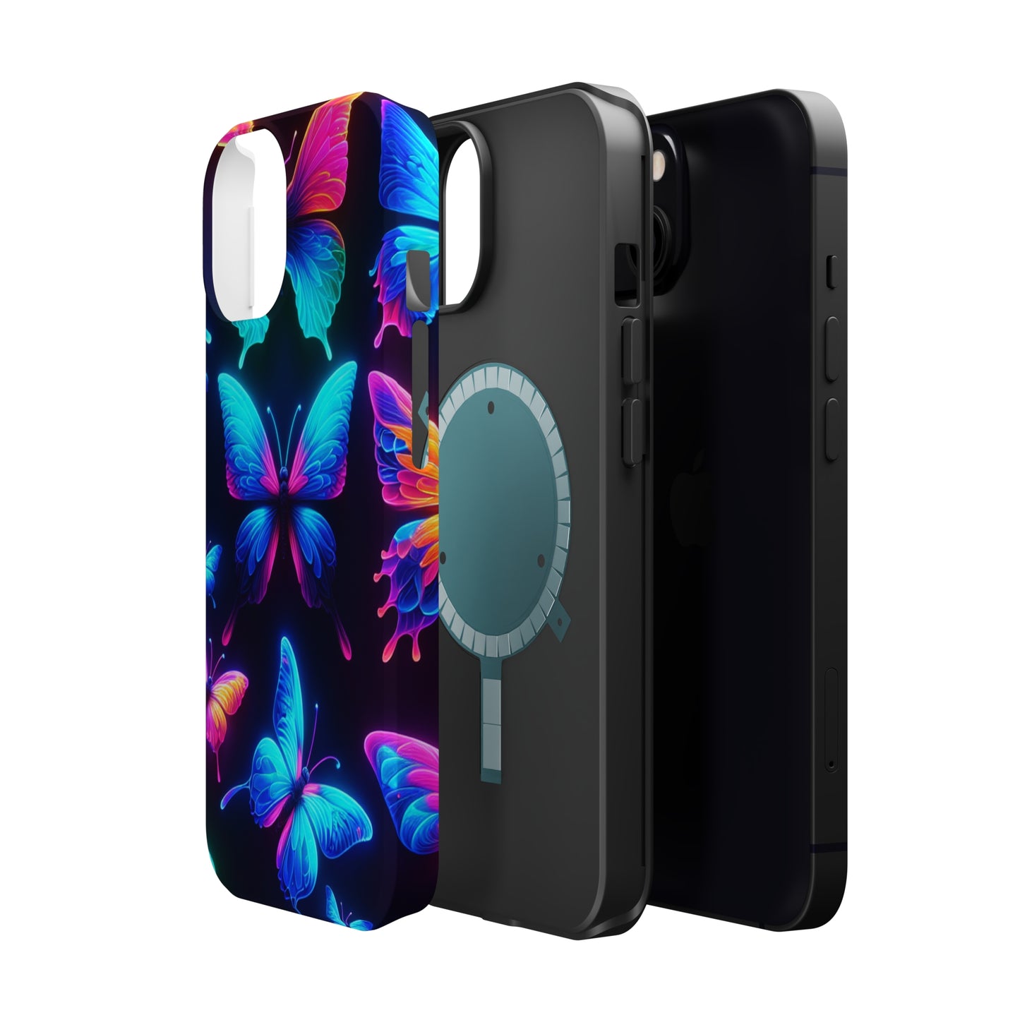 "Neon Flight Frenzy" Neon Butterflies Premium Art Magsafe Magnet Tough IPhone 13 14 15 Pro Plus Max and Mini in Matte and Glossy Phone cases