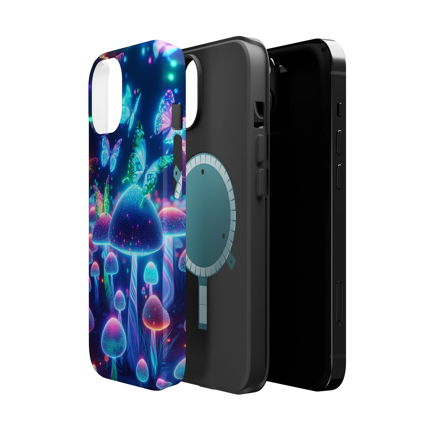 Neon Glitterbug Heaven. Neon Butterflies and Mushrooms Premium Art Magsafe Magnet Tough IPhone 13 14 15 Pro Plus Max and Mini in Matte and Glossy Phone cases