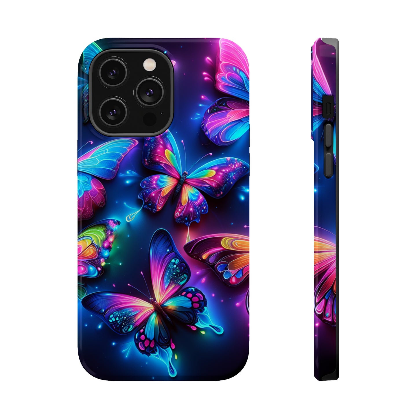 "Neon Butterfly Muster" Neon Butterflies Premium Art Magsafe Magnet Tough IPhone 13 14 15 Pro Plus Max and Mini in Matte and Glossy Phone cases