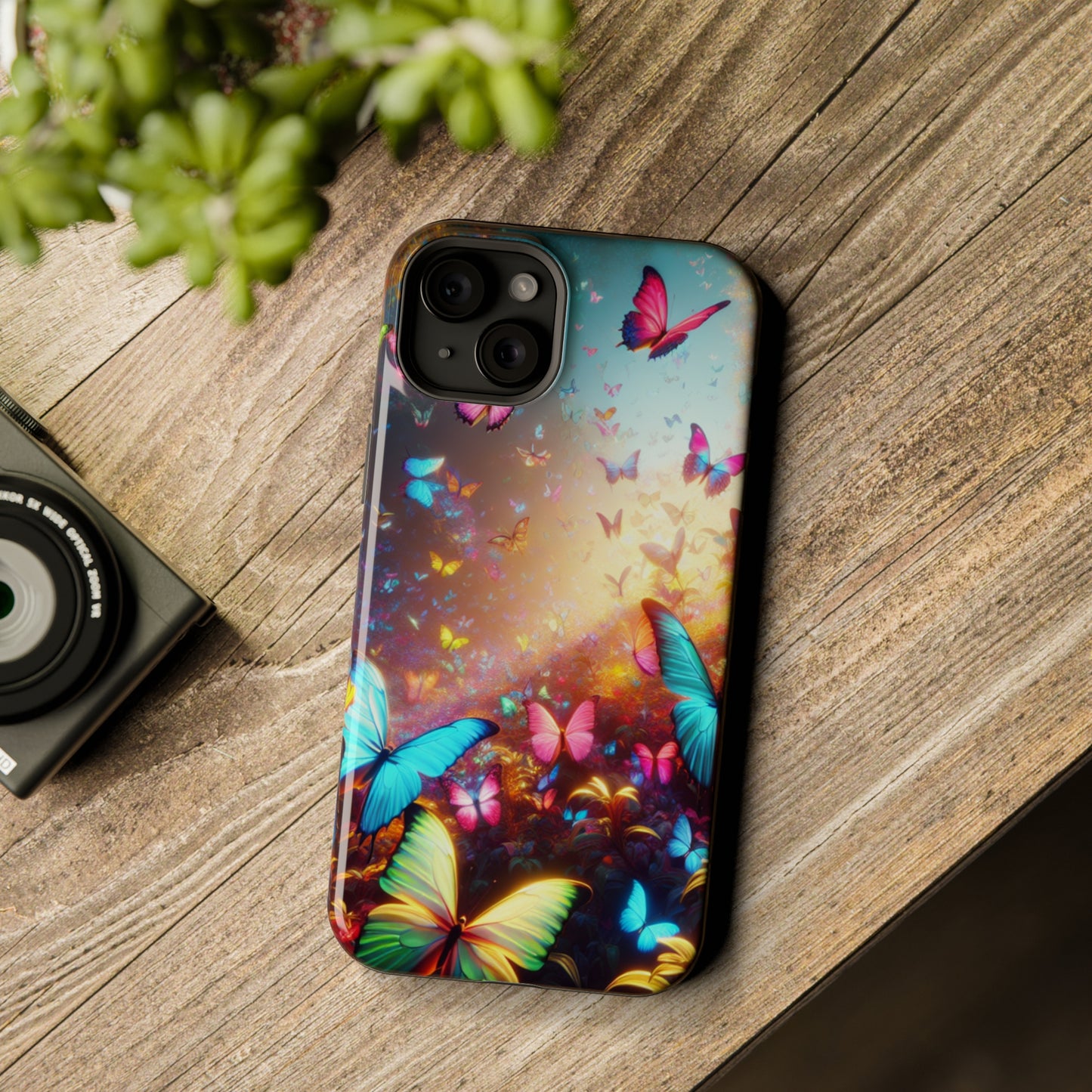 "Neon Butterfly Blooms" Neon Butterflies Premium Art Magsafe Magnet Tough IPhone 13 14 15 Pro Plus Max and Mini in Matte and Glossy Phone cases