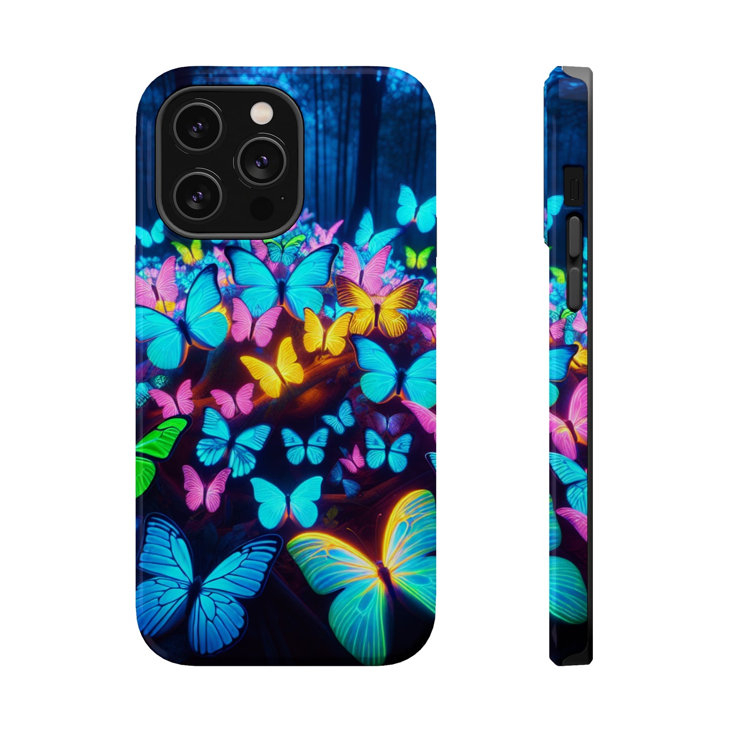 "Scintillating Swirls of Neon Butterflies" Neon Butterflies Premium Art Magsafe Magnet Tough IPhone 13 14 15 Pro Plus Max and Mini in Matte and Glossy Phone cases