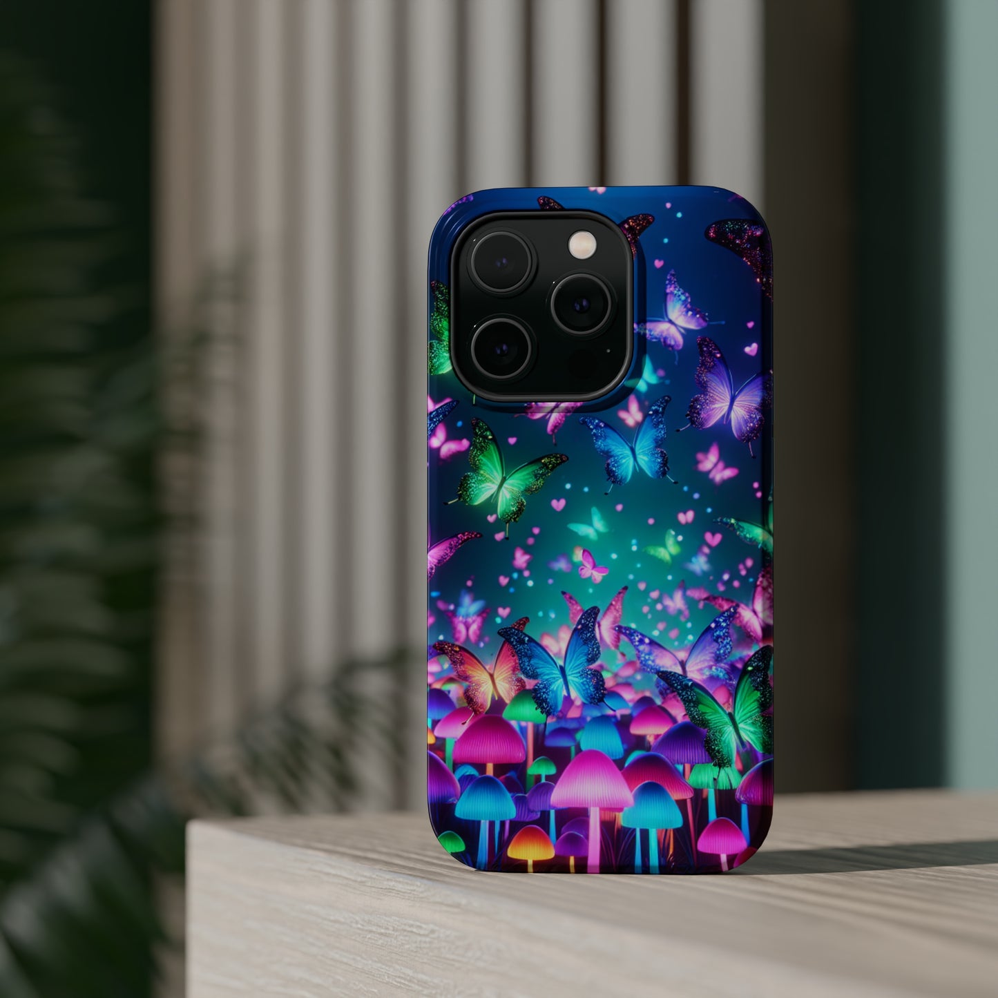 Neon Eden. Neon Butterflies and Mushrooms Premium Art Magsafe Magnet Tough IPhone 13 14 15 Pro Plus Max and Mini in Matte and Glossy Phone cases