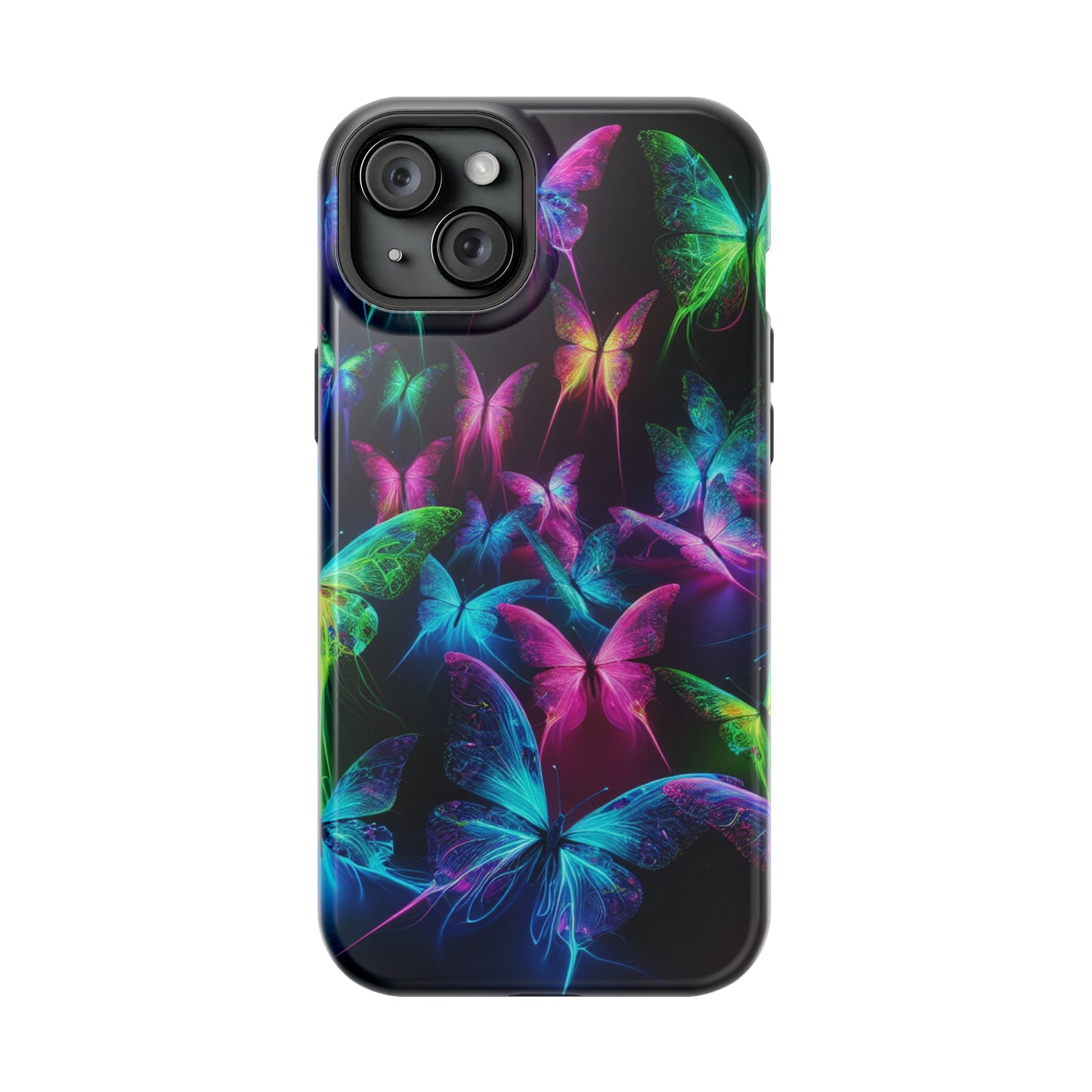 'Euphoria in Neon Flight' Neon Butterflies Premium Art Magsafe Magnet Tough IPhone 13 14 15 Pro Plus Max and Mini in Matte and Glossy Phone cases