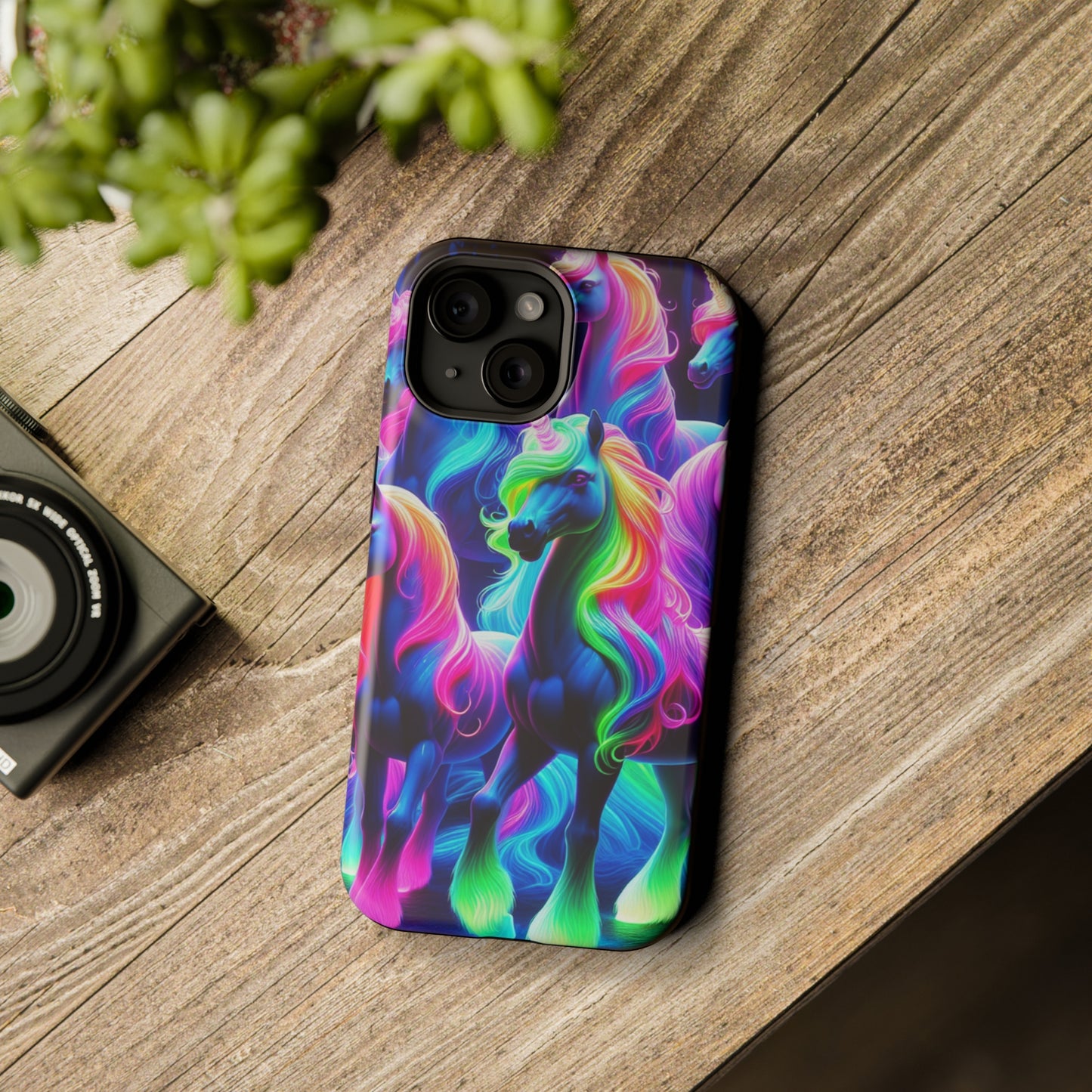 Neon Magic Skies - Unicorn Gang. Neon Unicorns Premium Art Magsafe Magnet Tough IPhone 13 14 15 Pro Plus Max and Mini in Matte and Glossy Phone cases