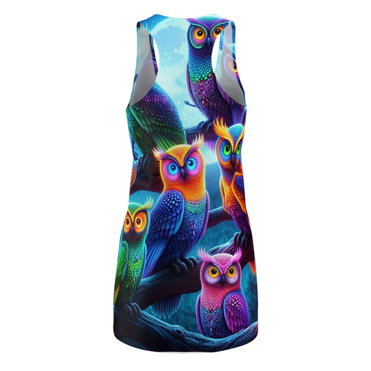 "Fantasmic Fluorescence of the Flock" Neon Owls Racerback Dress