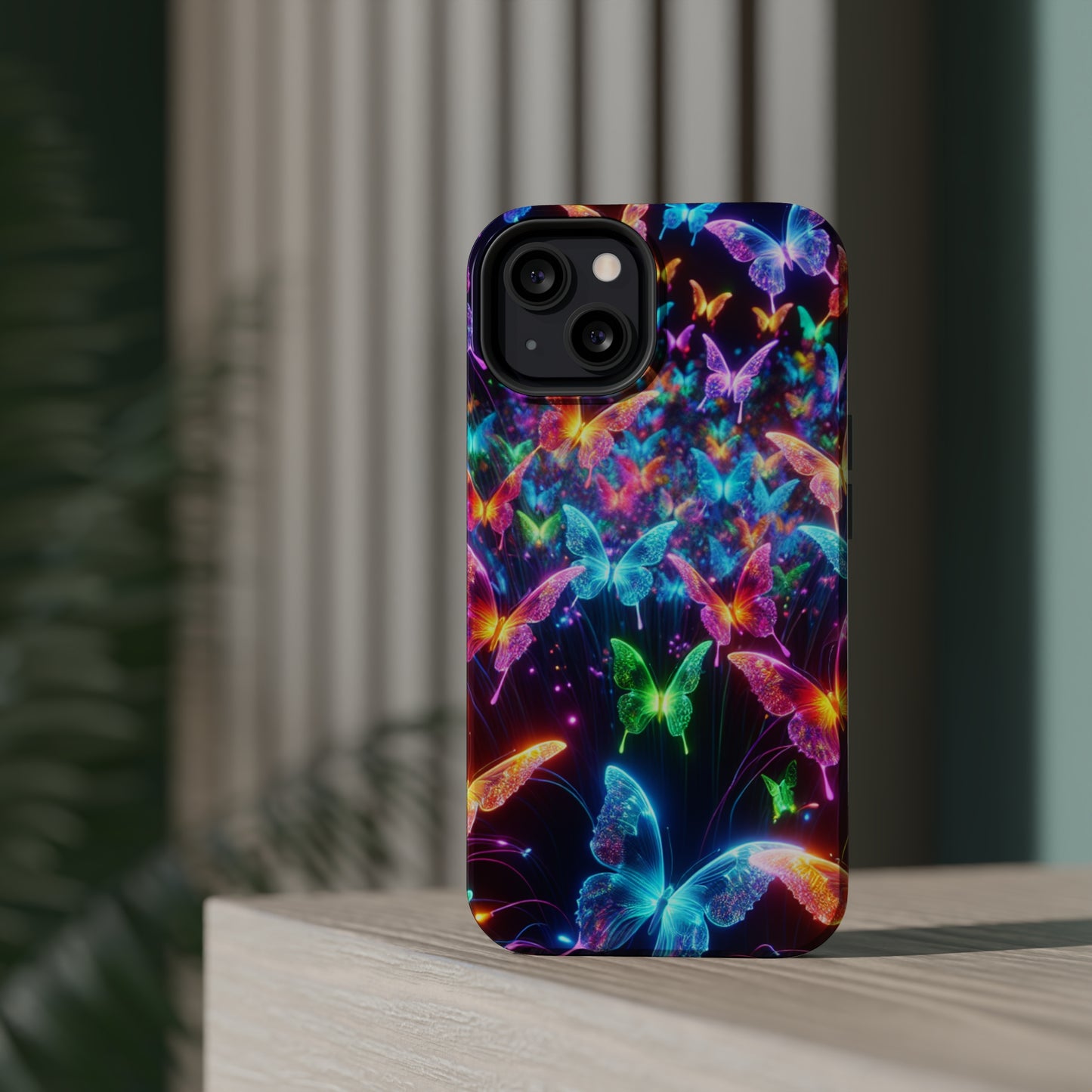 "Neon Flutterburst" Neon Butterflies Premium Art Magsafe Magnet Tough IPhone 13 14 15 Pro Plus Max and Mini in Matte and Glossy Phone cases