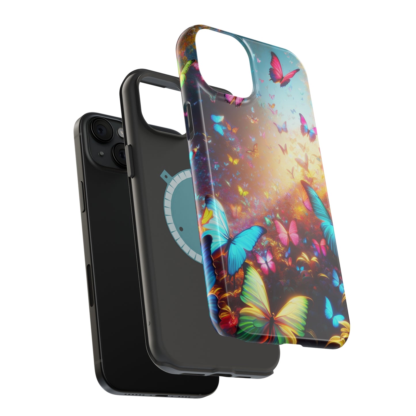 "Neon Butterfly Blooms" Neon Butterflies Premium Art Magsafe Magnet Tough IPhone 13 14 15 Pro Plus Max and Mini in Matte and Glossy Phone cases