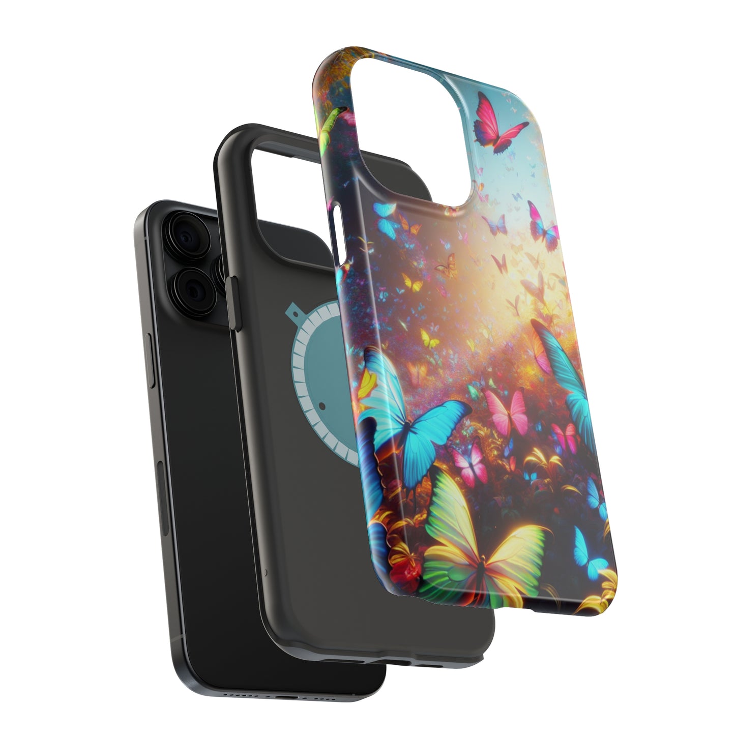 "Neon Butterfly Blooms" Neon Butterflies Premium Art Magsafe Magnet Tough IPhone 13 14 15 Pro Plus Max and Mini in Matte and Glossy Phone cases
