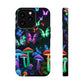 "Neon Burst Wonderland". Neon Butterflies and Mushrooms Premium Art Magsafe Magnet Tough IPhone 13 14 15 Pro Plus Max and Mini in Matte and Glossy Phone cases