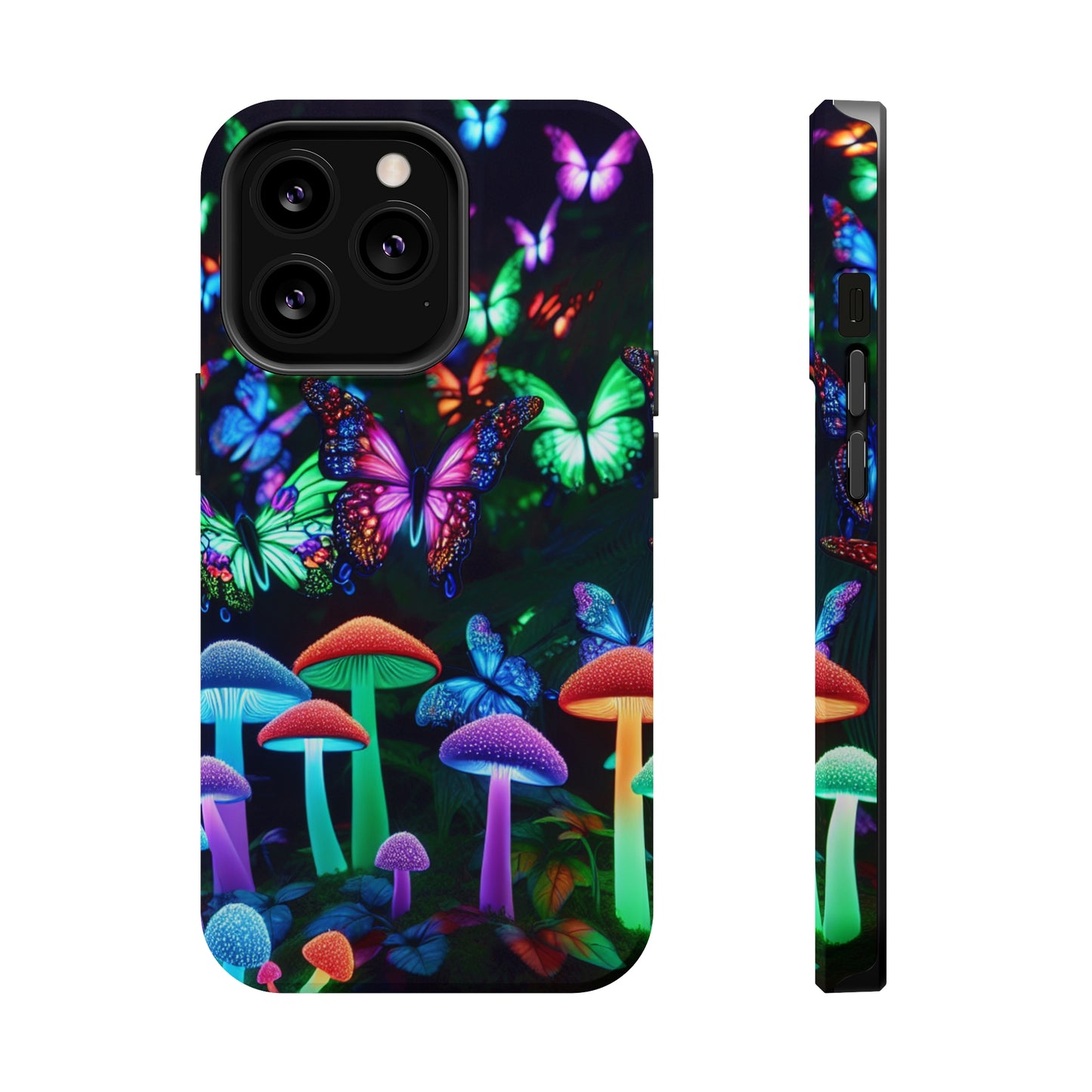 "Neon Burst Wonderland". Neon Butterflies and Mushrooms Premium Art Magsafe Magnet Tough IPhone 13 14 15 Pro Plus Max and Mini in Matte and Glossy Phone cases