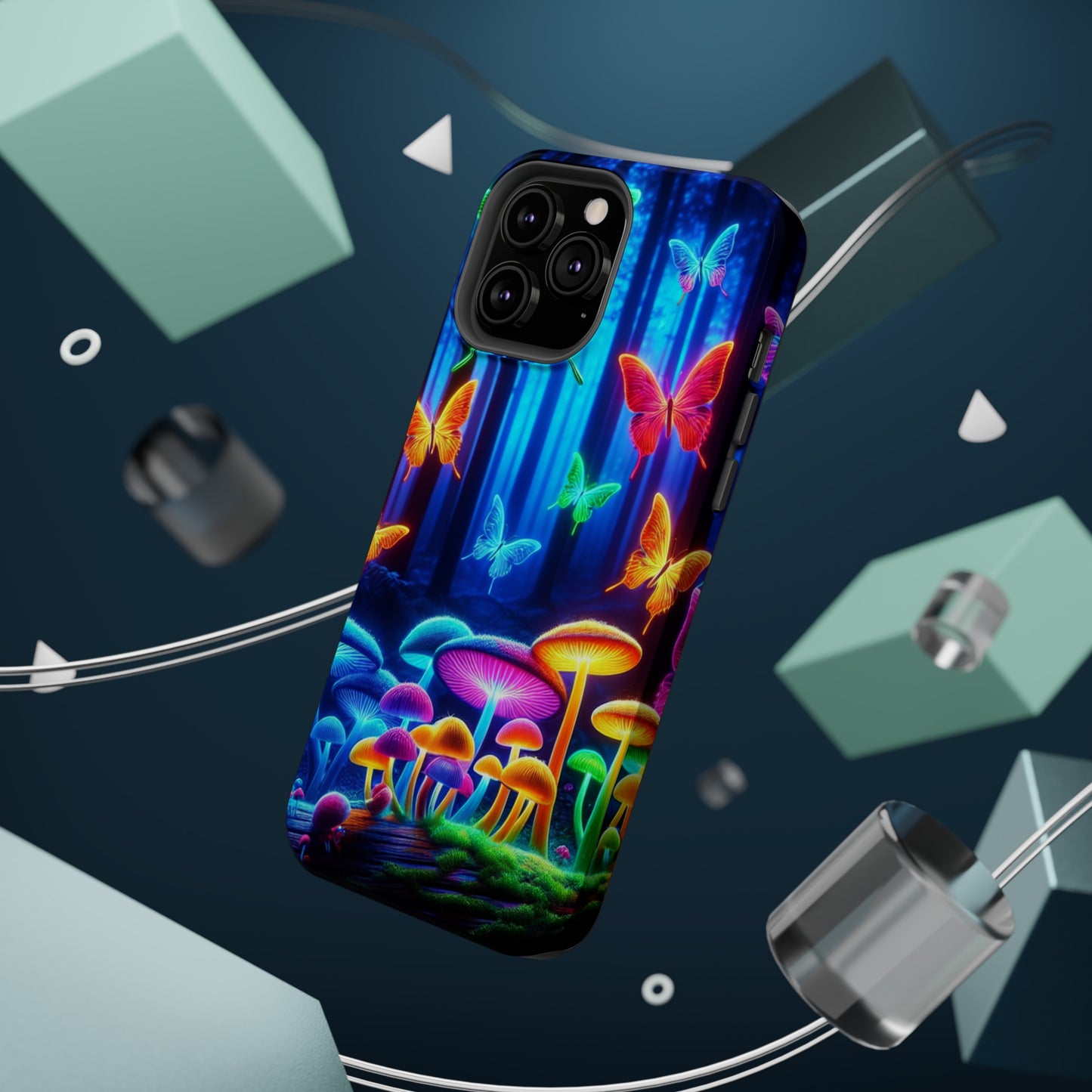 "Neon Garden Delight" Neon Butterflies and Mushrooms Premium Art Magsafe Magnet Tough IPhone 13 14 15 Pro Plus Max and Mini in Matte and Glossy Phone cases