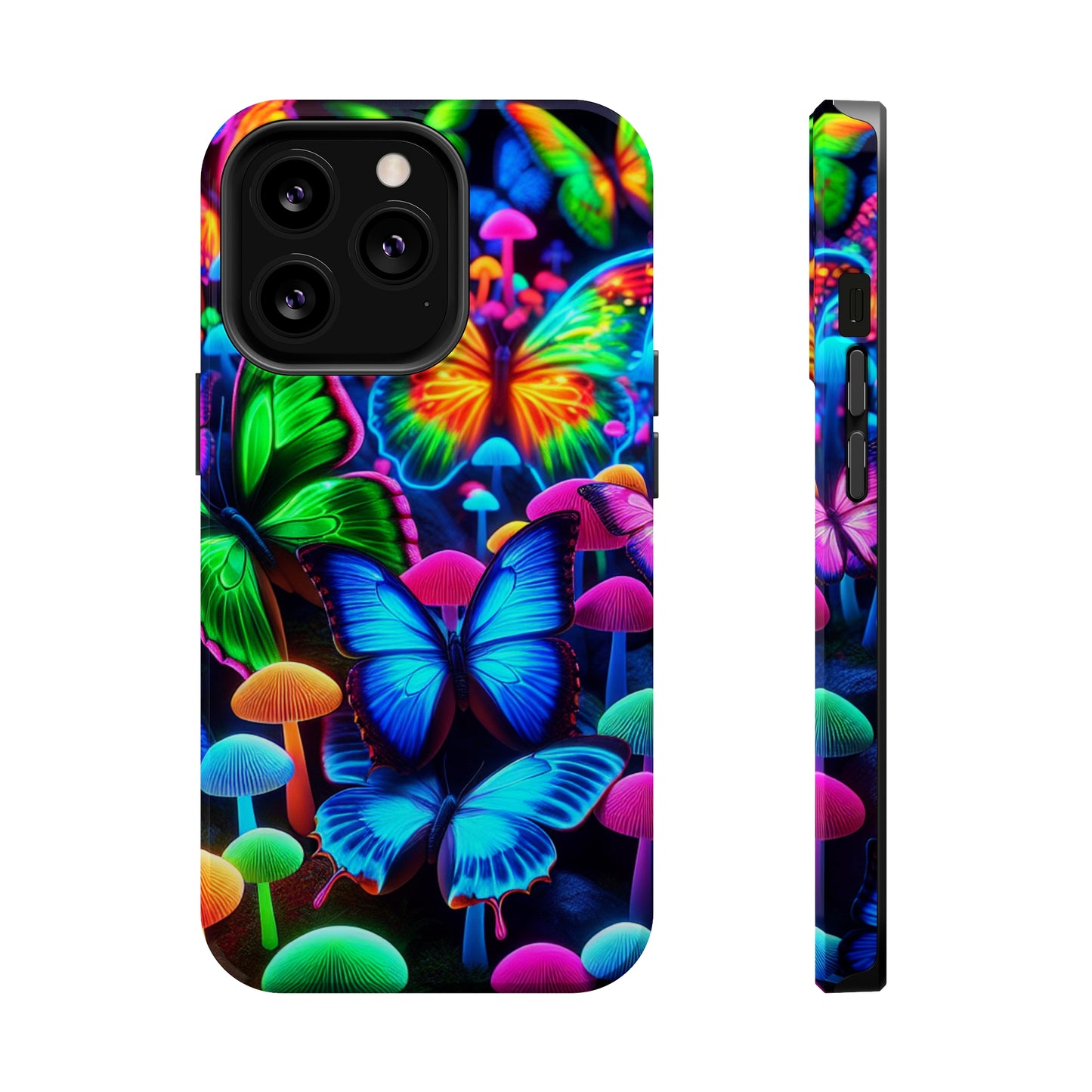 "Fantastic Fruition" Neon Butterflies and Mushrooms Premium Art Magsafe Magnet Tough IPhone 13 14 15 Pro Plus Max and Mini in Matte and Glossy Phone cases