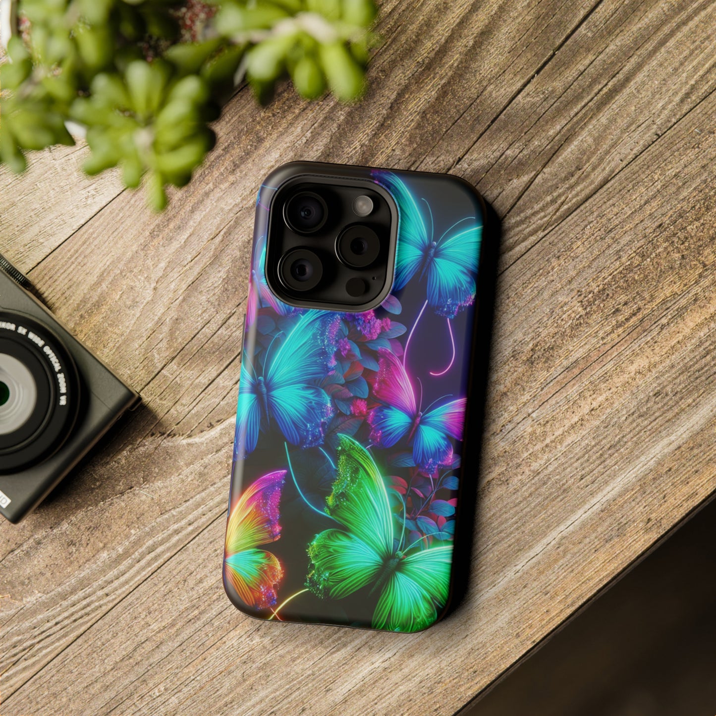 Neon Flutter Symphony Neon Butterflies Premium Art Magsafe Magnet Tough IPhone 13 14 15 Pro Plus Max and Mini in Matte and Glossy Phone cases