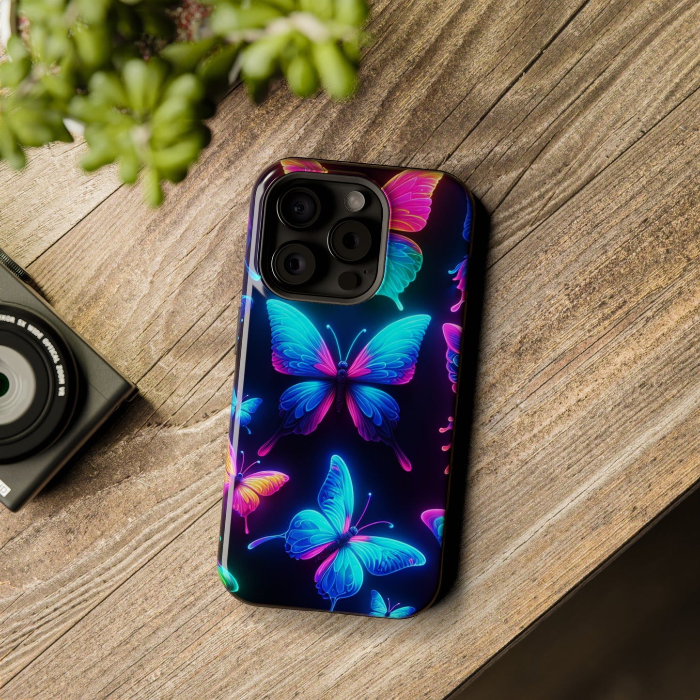 "Neon Flight Frenzy" Neon Butterflies Premium Art Magsafe Magnet Tough IPhone 13 14 15 Pro Plus Max and Mini in Matte and Glossy Phone cases